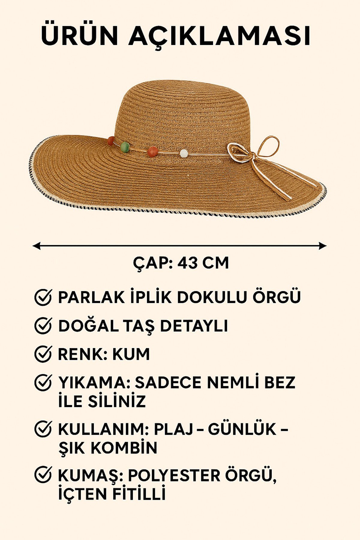 Kadın Yazlık Hasır Şapka - Geniş Kenarlı UV Koruyucu, Kurdele Detaylı