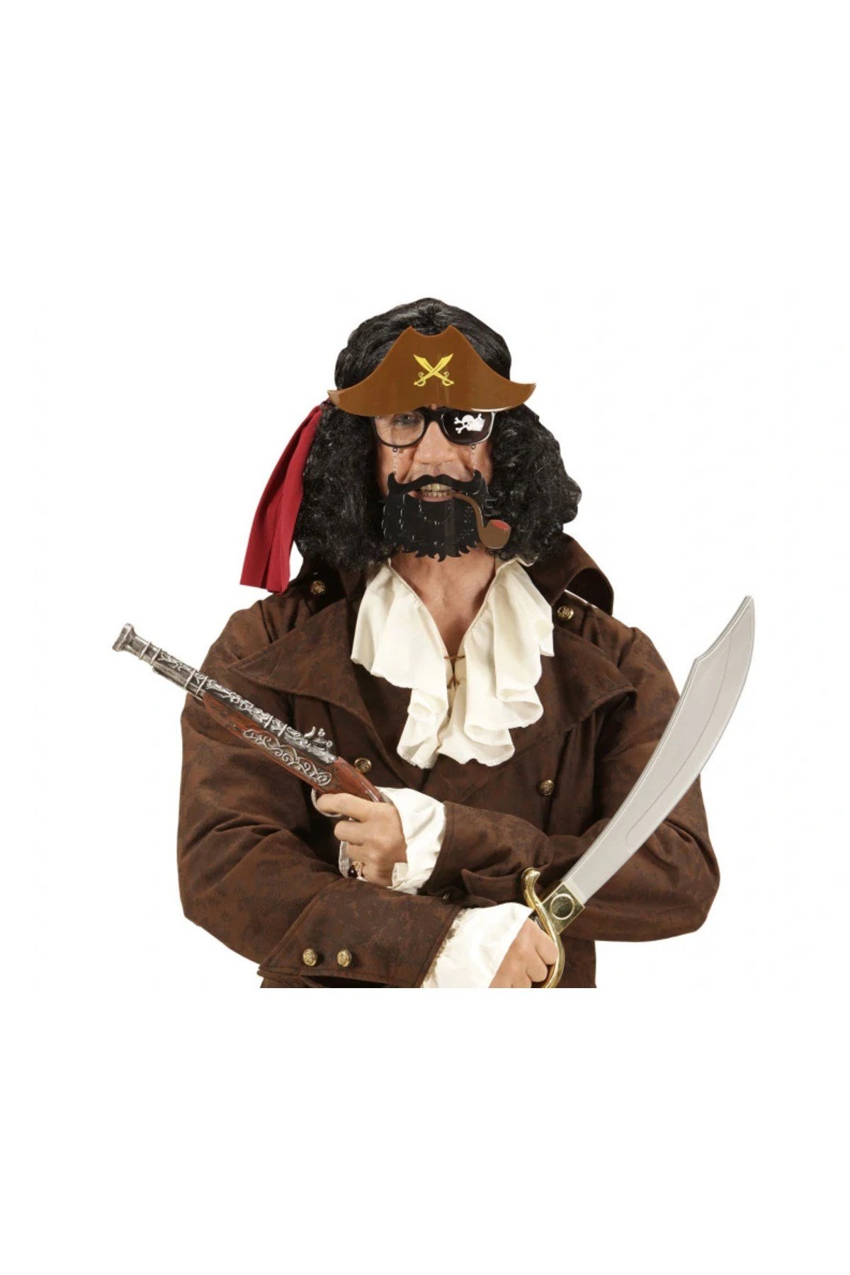Kahve Renk Şapkalı Siyah Sakallı Pipolu Jack Sparrow Denizci Korsan Gözlüğü 24x25 cm