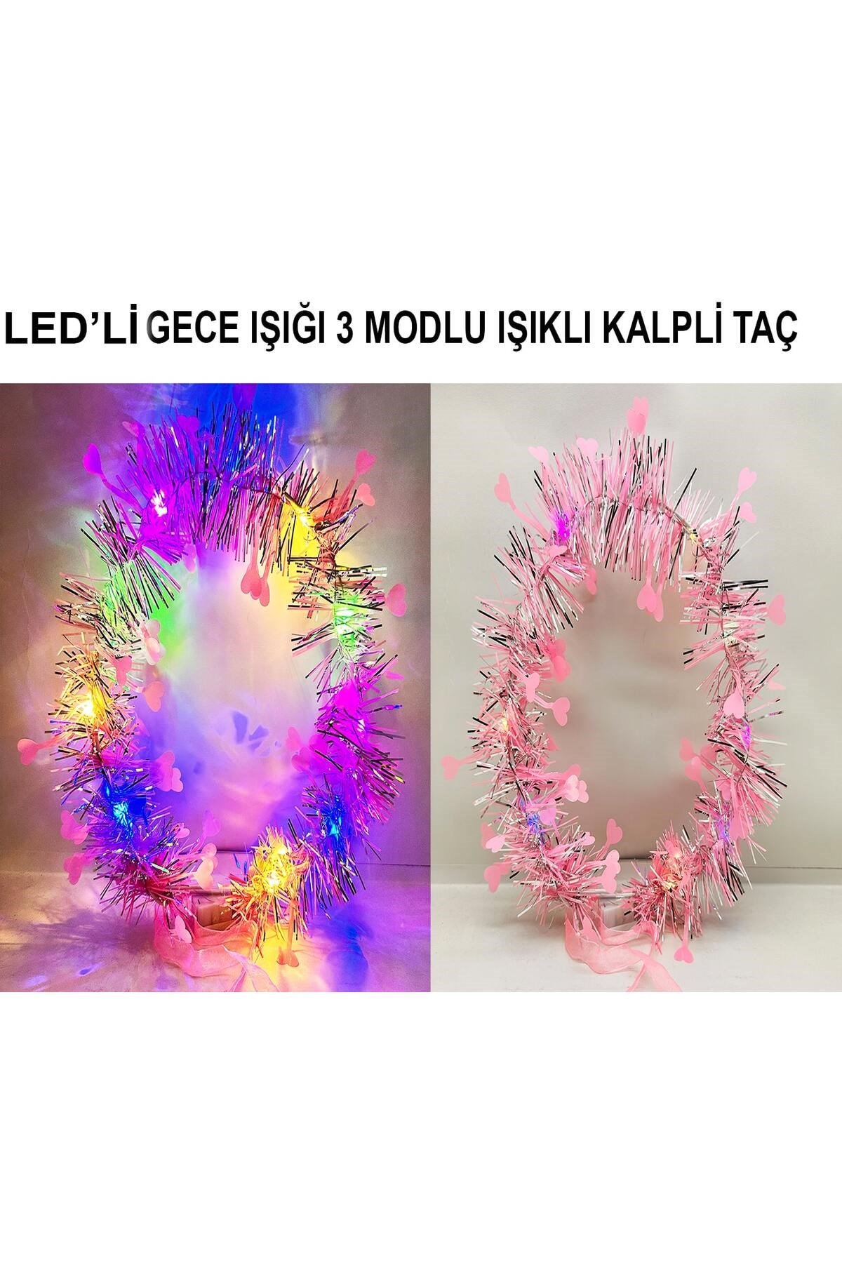 Kalp Püsküllü Gece Parıltısı 3 Modlu LED'li Işıklı Taç Pembe Renk