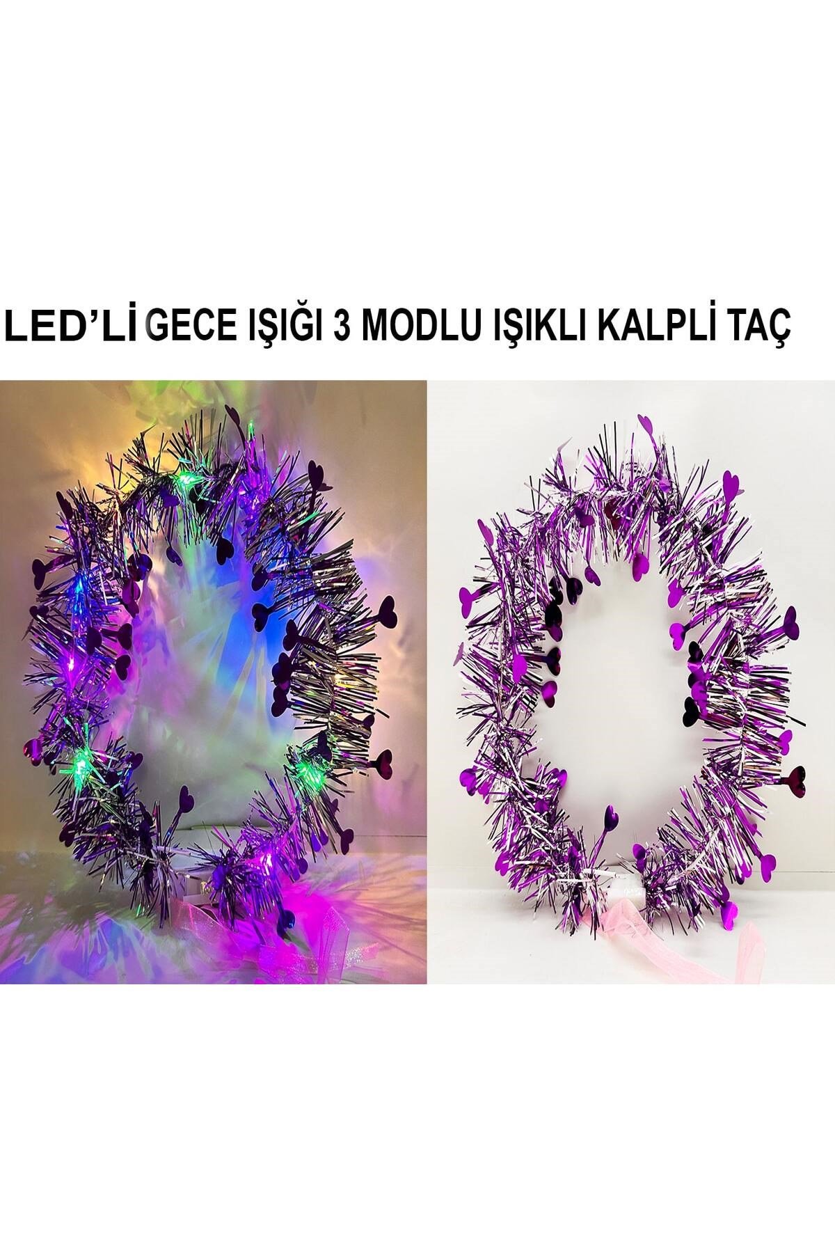Kalp Püsküllü Gece Parıltısı 3 Modlu LED'li Işıklı Taç Mor Renk