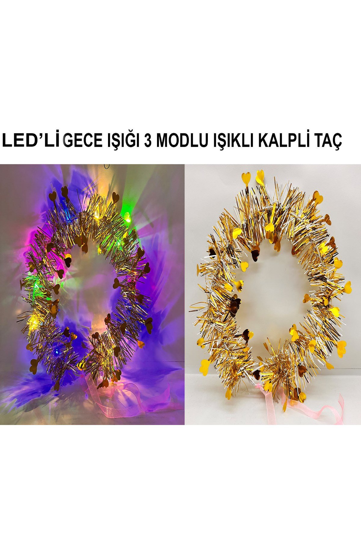 Kalp Püsküllü Gece Parıltısı 3 Modlu LED'li Işıklı Taç Altın Renk