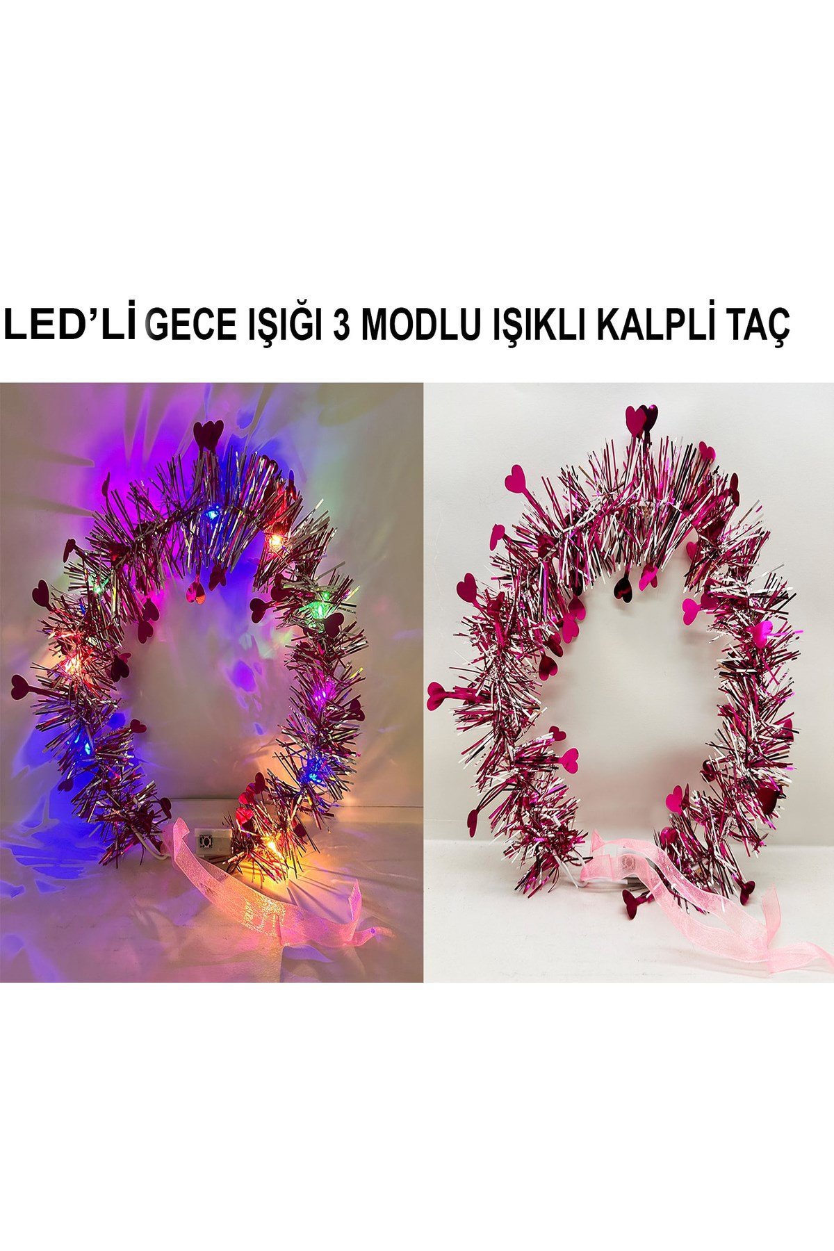 Kalp Püsküllü Gece Parıltısı 3 Modlu LED'li Işıklı Taç Fuşya Renk