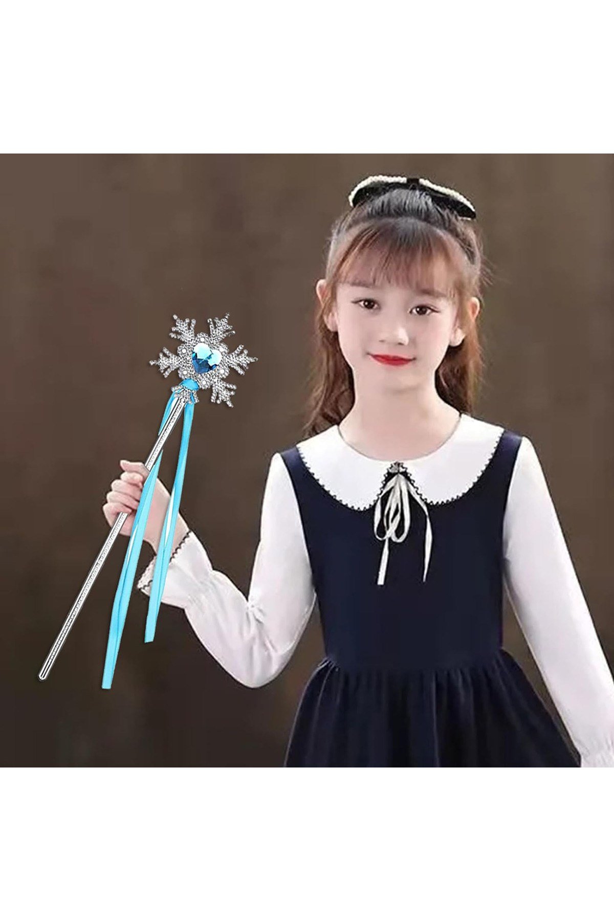 Kar Taneli Mavi Kalp Taşlı Saten Kurdeleli Karlar Ülkesi Elsa Asası Sopası 34 cm