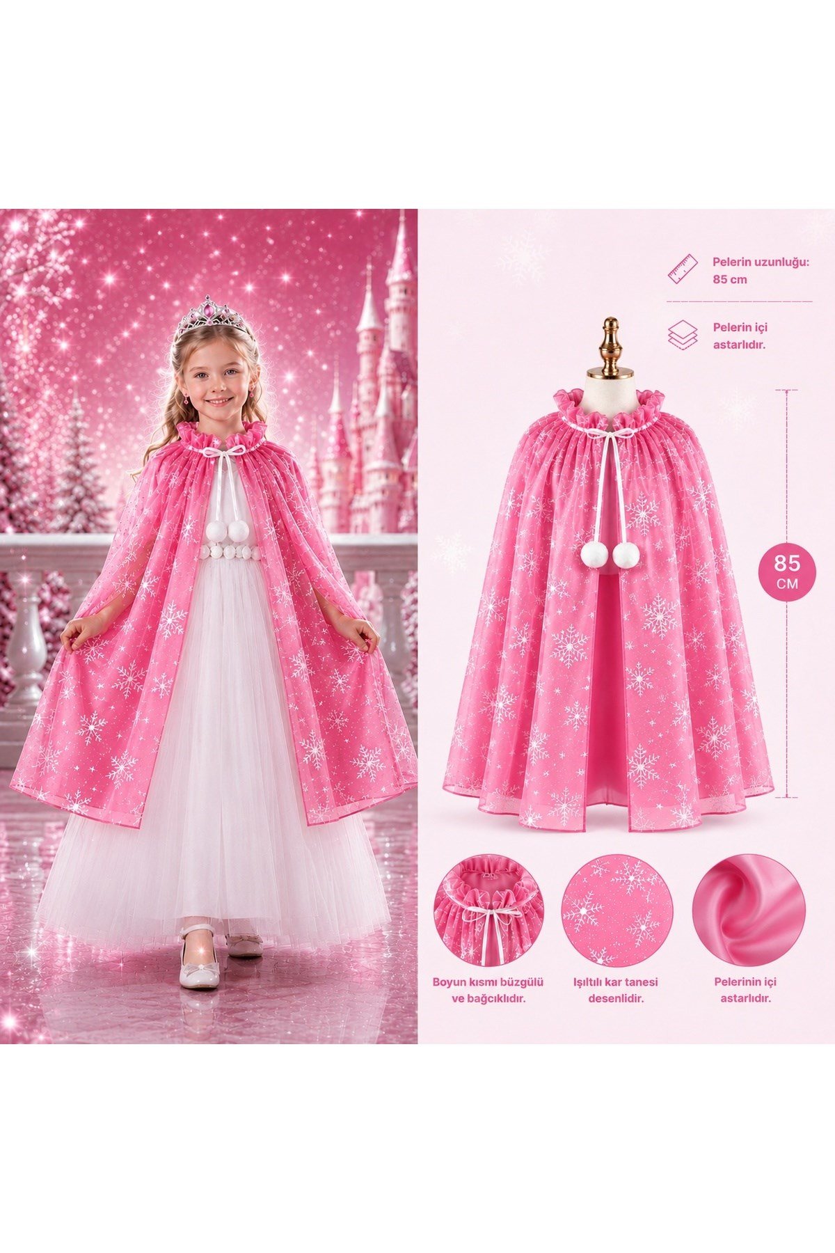 Kar Tanesi Desenli Pembe Elsa Pelerini - Astarlı Frozen Pelerini 85 cm