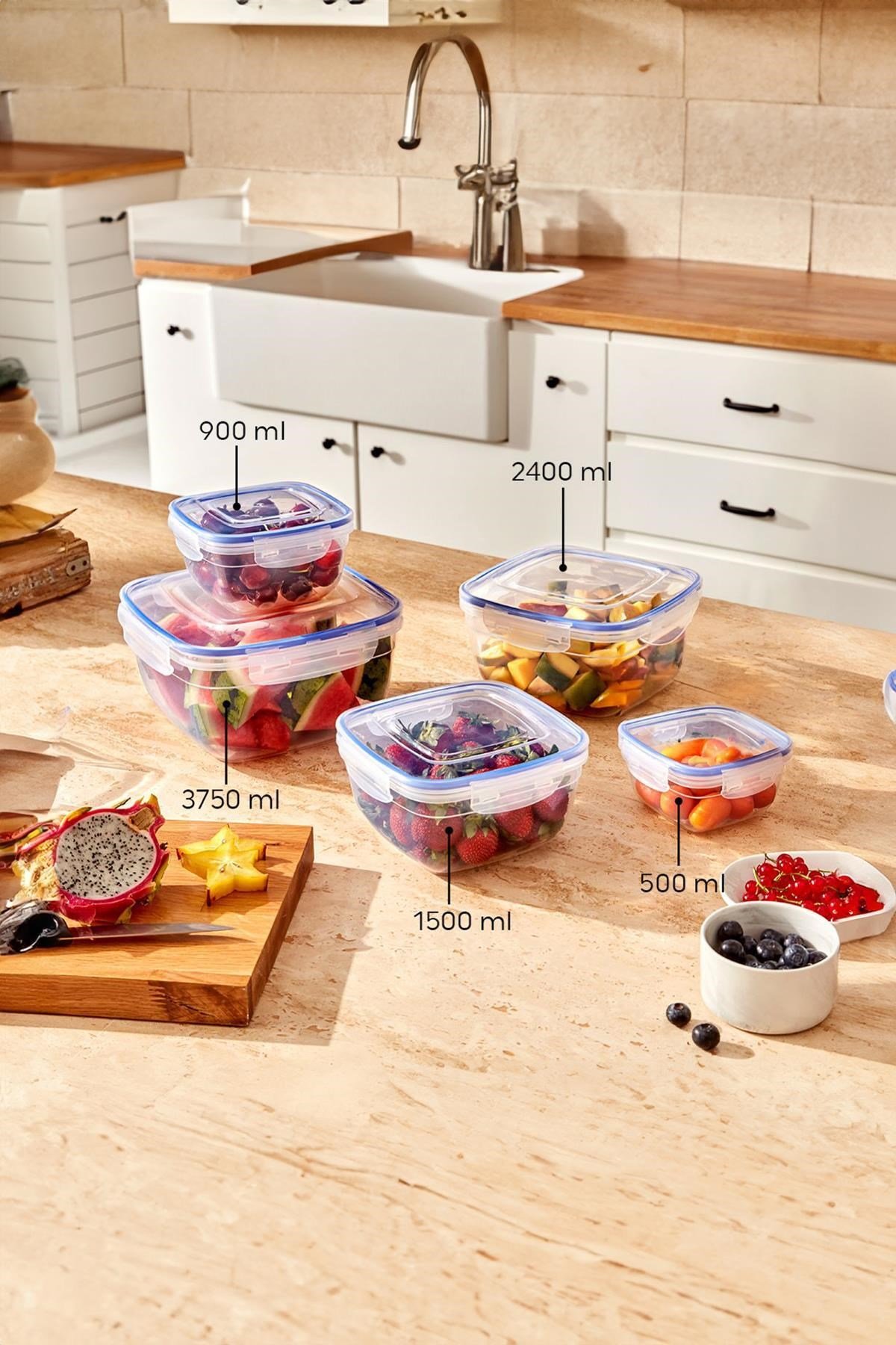 Kare 10 Parça Contalı Vakumlu Sızdırmaz Hava Almaz Saklama Kabı Seti 2x(3750/2400/1500/900/500 ml)