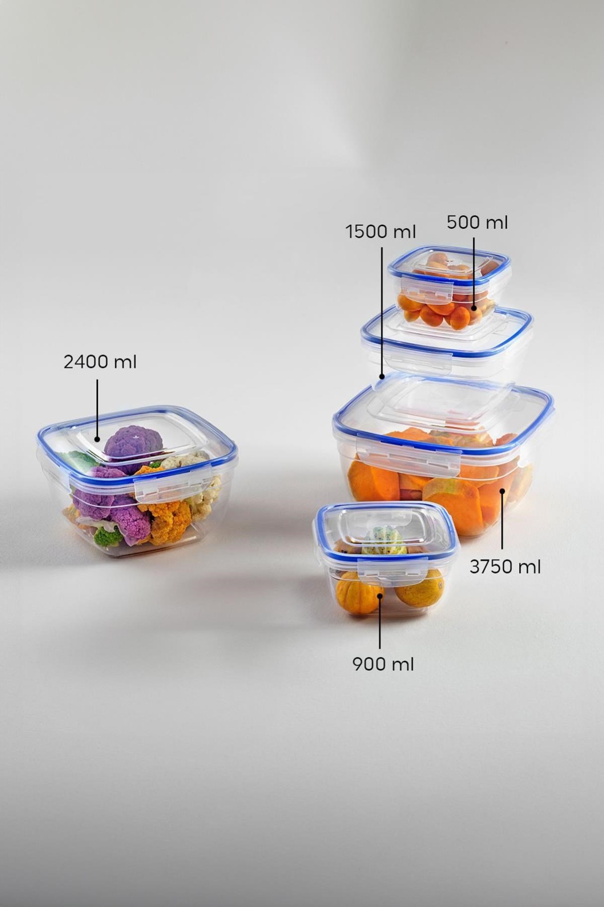 Kare 5 Parça Contalı Vakumlu Sızdırmaz Hava Almaz Saklama Kabı Seti (3750/2400/1500/900/500 Ml)