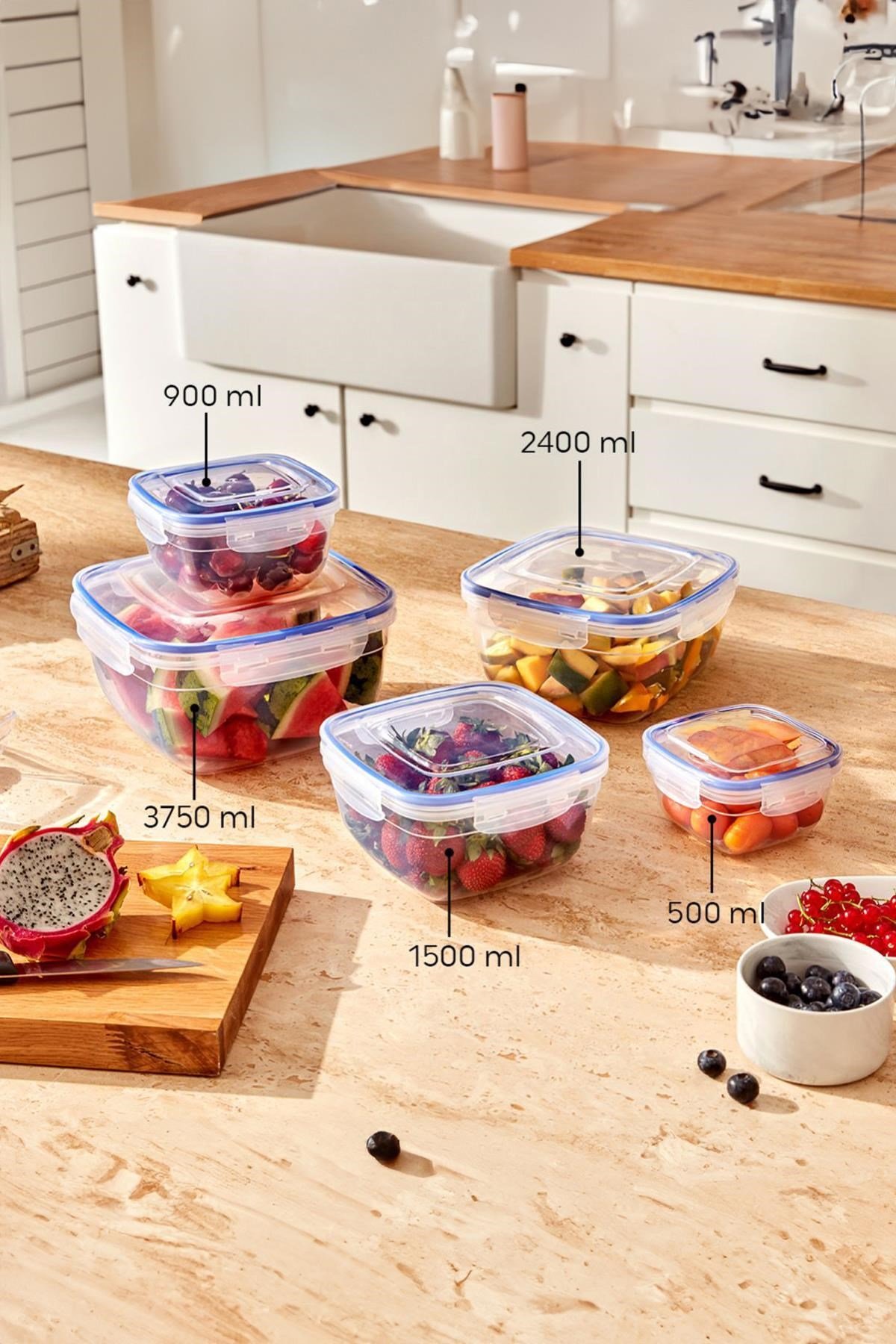 Kare 5 Parça Contalı Vakumlu Sızdırmaz Hava Almaz Saklama Kabı Seti (3750/2400/1500/900/500 Ml)