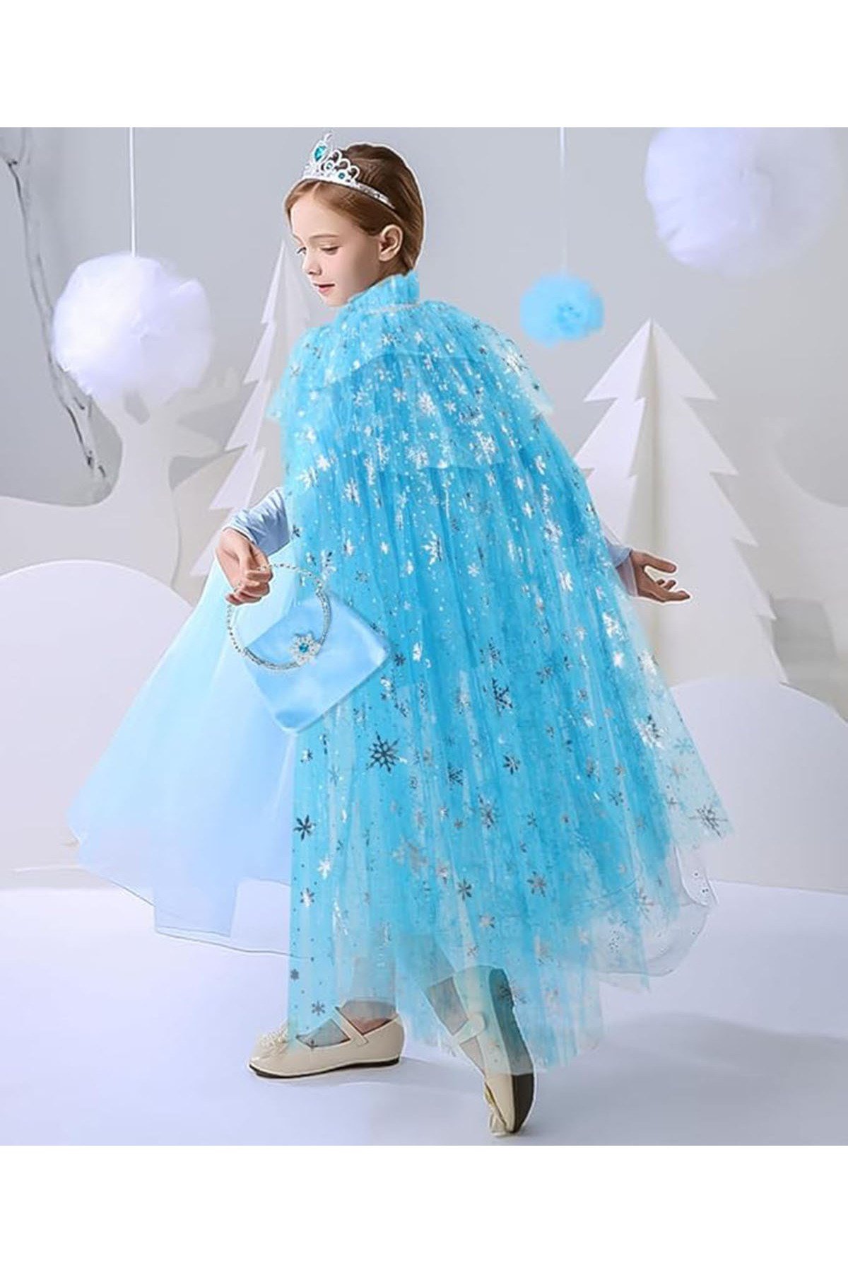 Karlar Ülkesi Elsa Frozen Mavi Pelerin – 80 cm Kar Desenli Çocuk Pelerini ( Taç Hariç )