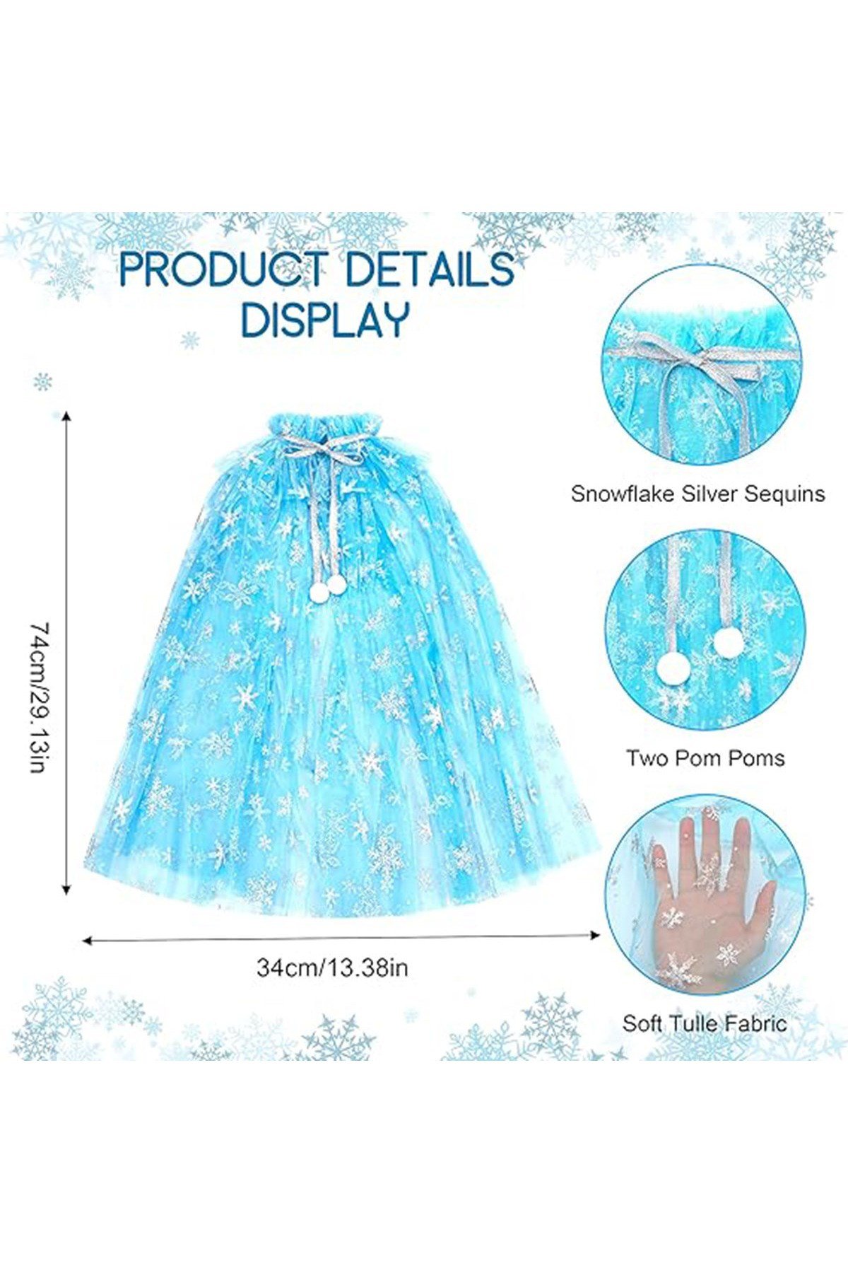 Karlar Ülkesi Elsa Frozen Mavi Pelerin – 80 cm Kar Desenli Çocuk Pelerini ( Taç Hariç )