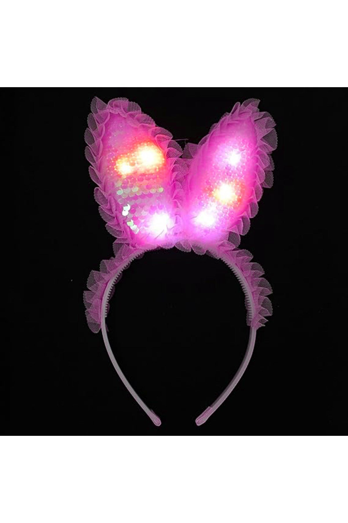 Kenarları Dantelli Fuşya Pullu Payetli Led Işıklı Tavşan Kulak Taç 23x19 cm