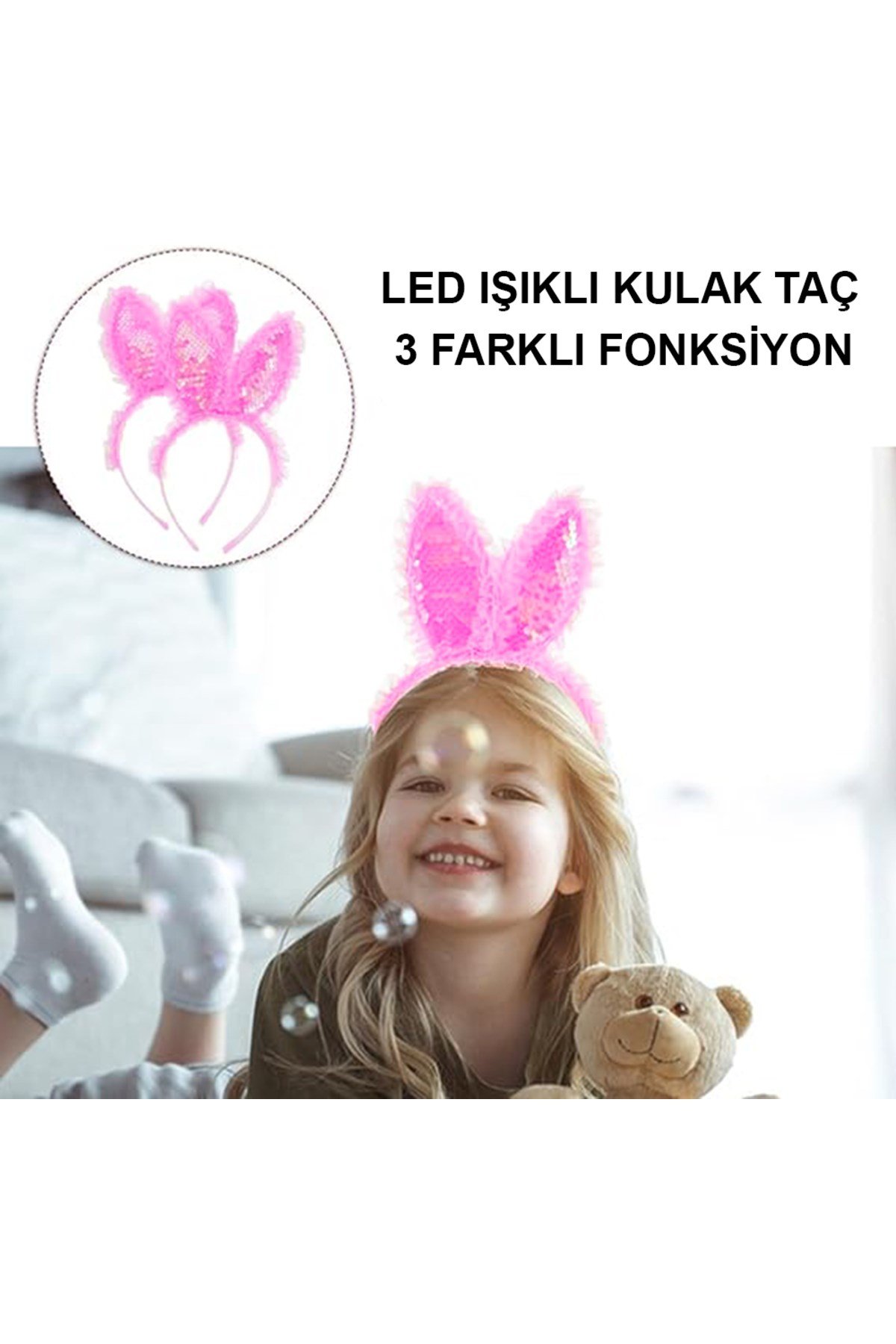 Kenarları Dantelli Fuşya Pullu Payetli Led Işıklı Tavşan Kulak Taç 23x19 cm
