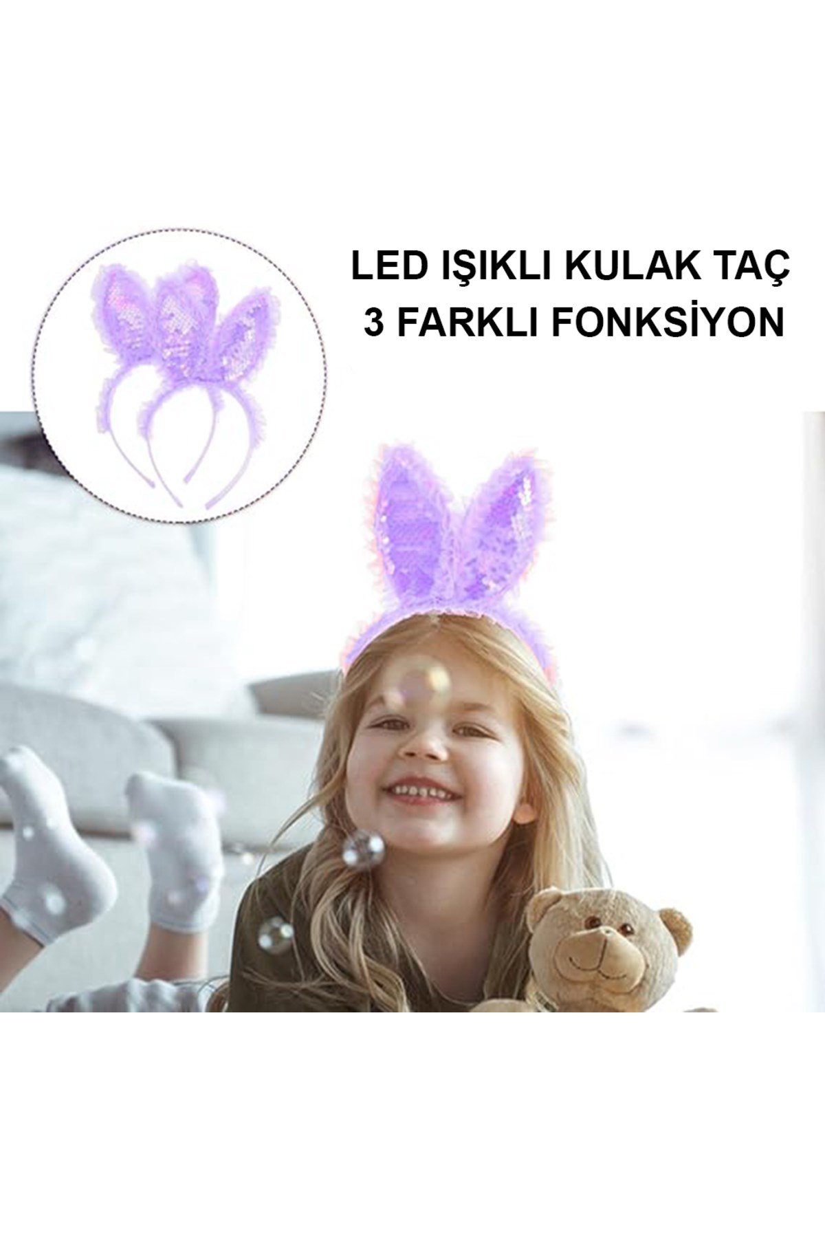 Kenarları Dantelli Mor Pullu Payetli Led Işıklı Tavşan Kulak Taç 23x19 cm