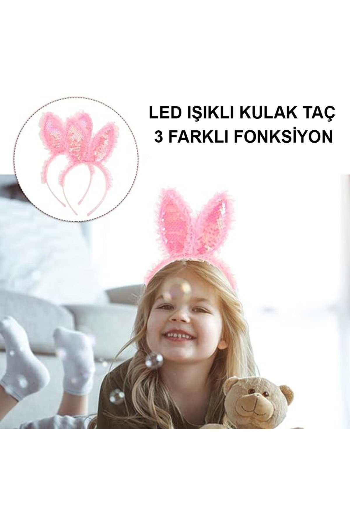 Kenarları Dantelli Pembe Pullu Payetli Led Işıklı Tavşan Kulak Taç 23x19 cm