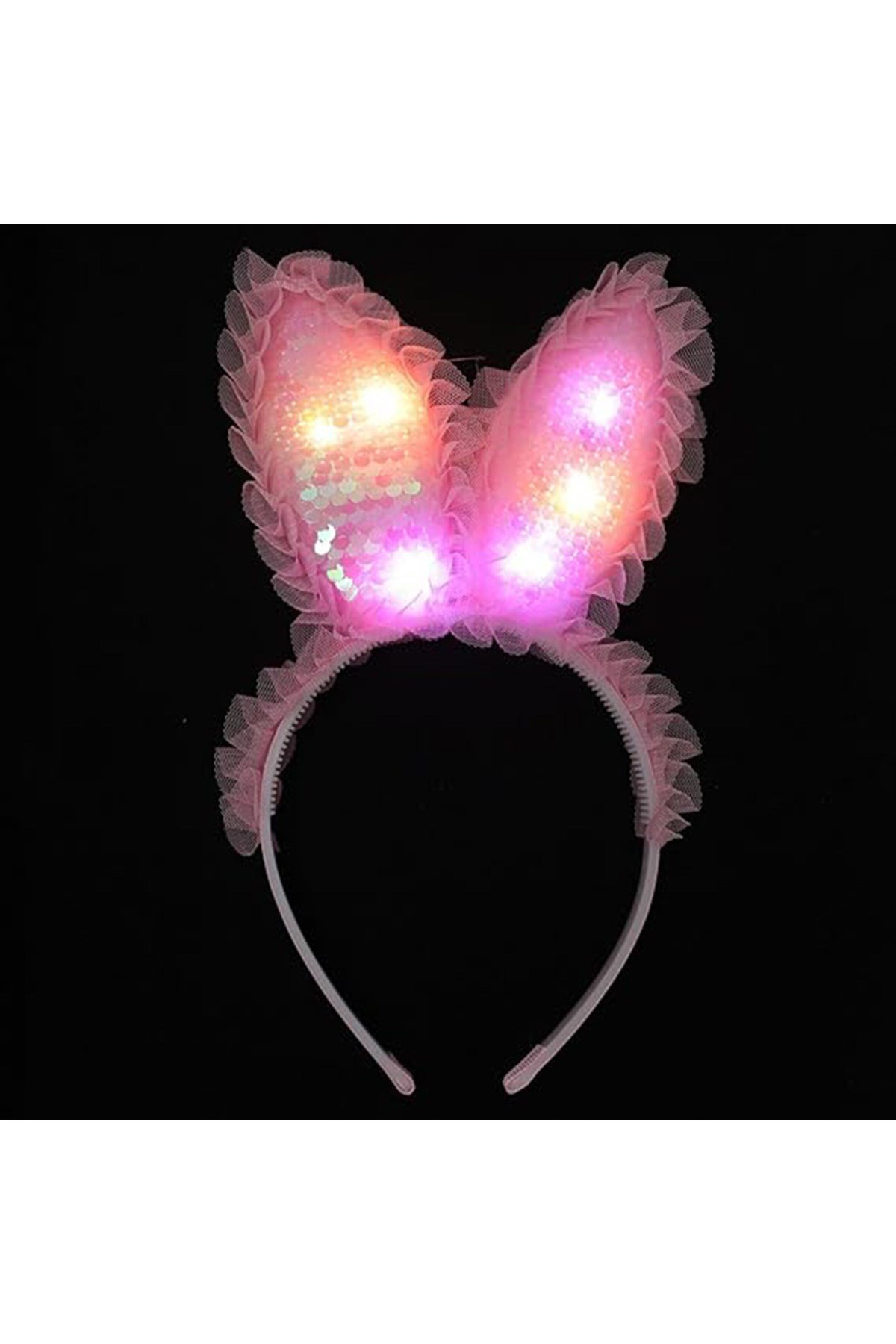 Kenarları Dantelli Pembe Pullu Payetli Led Işıklı Tavşan Kulak Taç 23x19 cm
