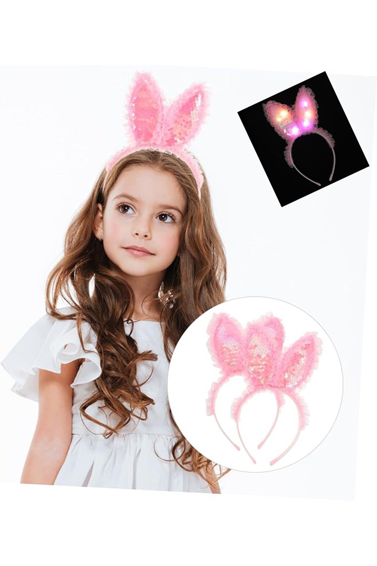 Kenarları Dantelli Pembe Pullu Payetli Led Işıklı Tavşan Kulak Taç 23x19 cm