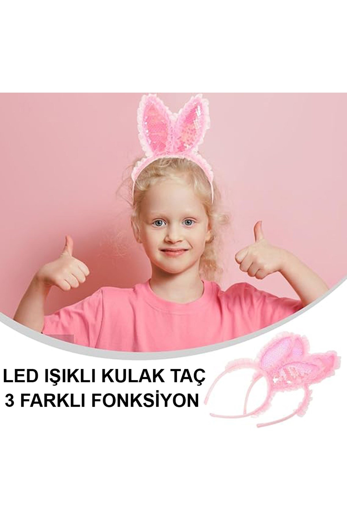 Kenarları Dantelli Pembe Pullu Payetli Led Işıklı Tavşan Kulak Taç 23x19 cm