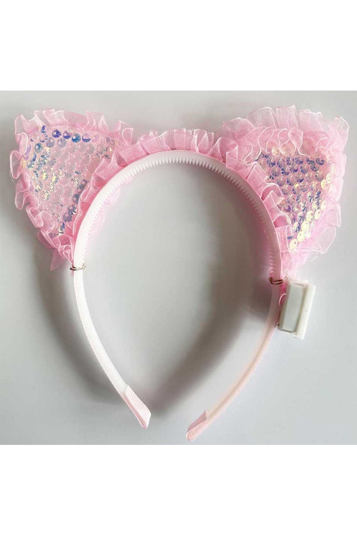 Kenarları Dantelli Pembe Pullu Payetli Led Işıklı Kedi Kulak Taç 17x19 cm