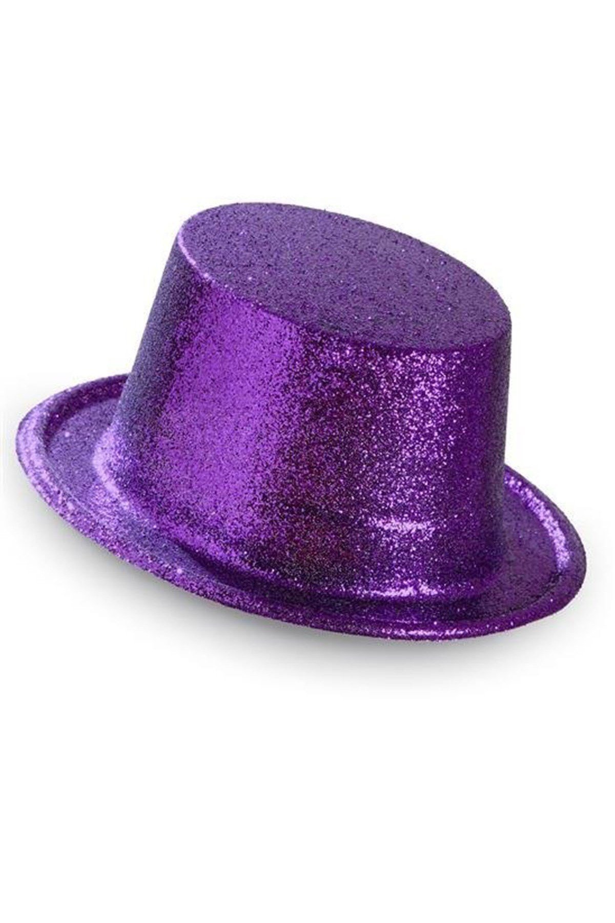 Koyu Mor Renk Violet Parıltılı Simli Fötr Silindir Parti Şapkası