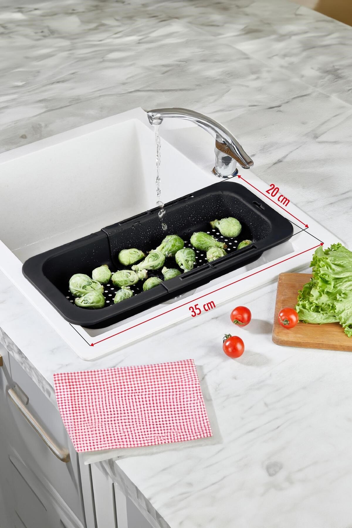Lavoba İçi Sürgülü Açılır Kapanır Sebze Meyve Süzgeci Siyah (Açık 38,5 Cm Kapalı 34,50 Cm )