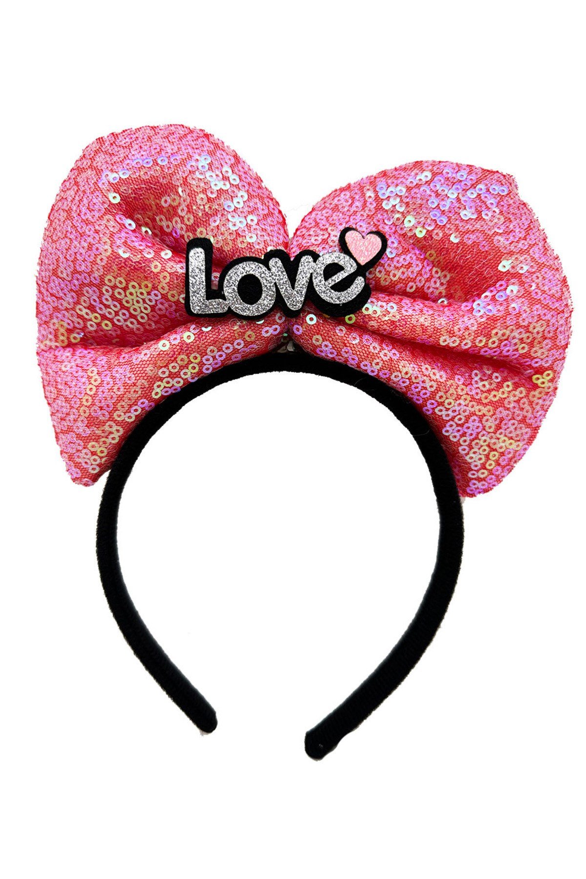Led Işıklı 3 Farklı Fonksiyonda Yanan Gümüş Love Yazılı Fuşya Pembe Fiyonk Taç 20X17 cm