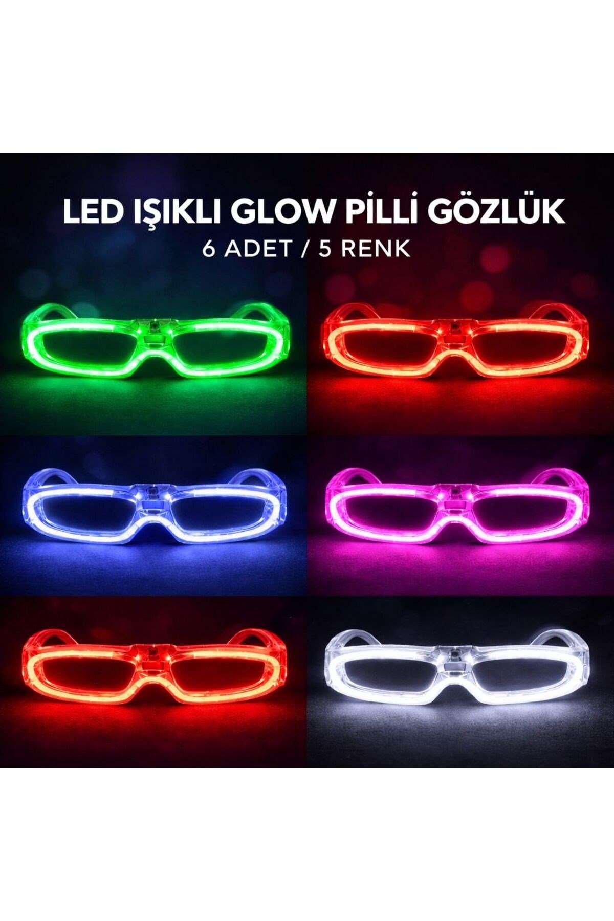 LED Işıklı Glow Pilli Parti Gözlüğü - Glow Efektli 6 Adet 5 Renk