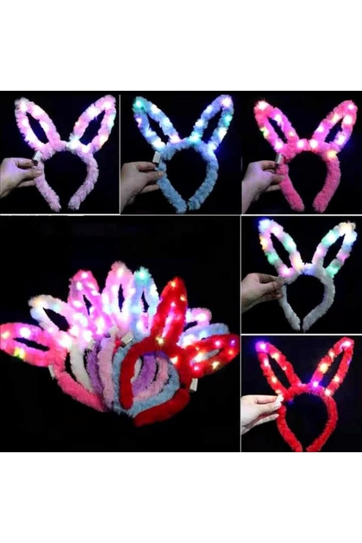 Led Işıklı Peluş Pofuduk Renkli Tavşan Kulak Taç 6 Renk 6 Adet