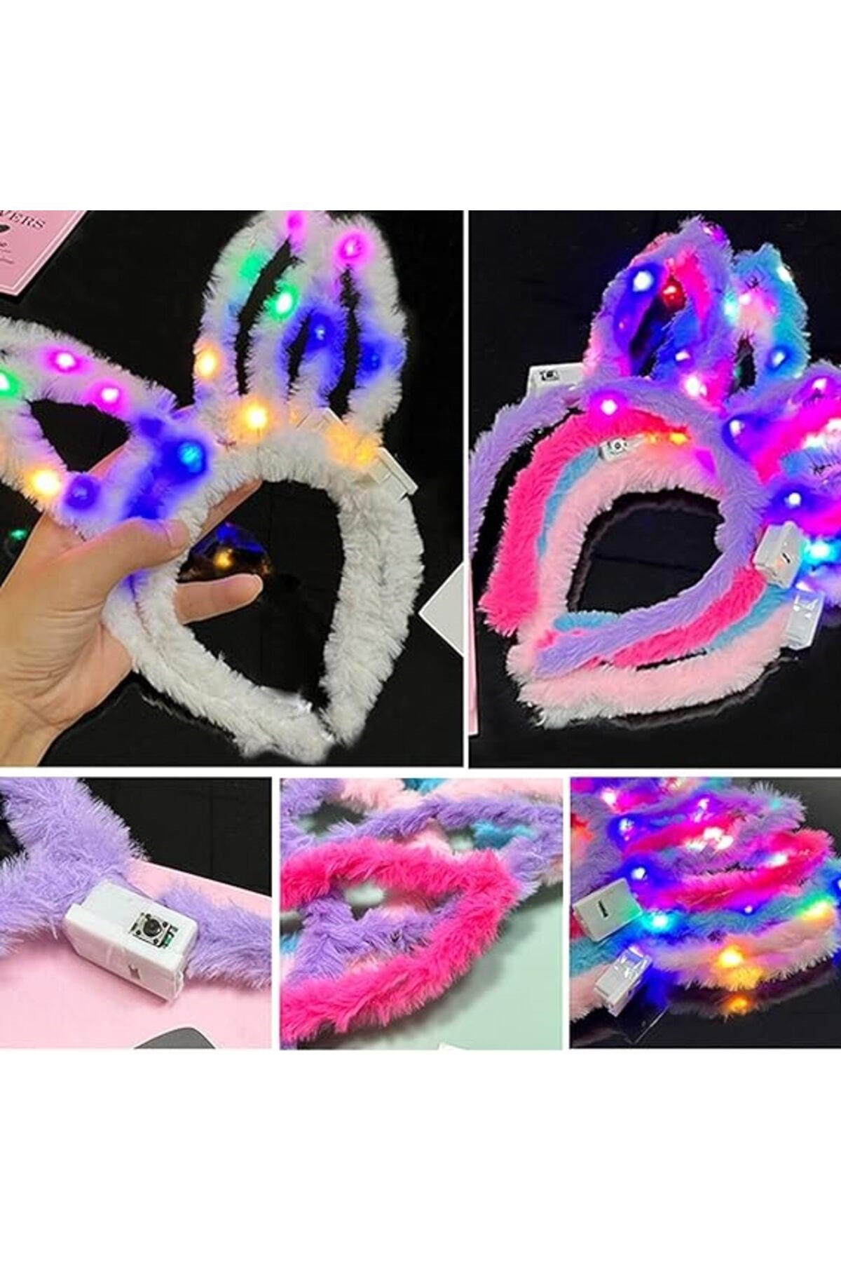 Led Işıklı Peluş Pofuduk Renkli Tavşan Kulak Taç 6 Renk 6 Adet