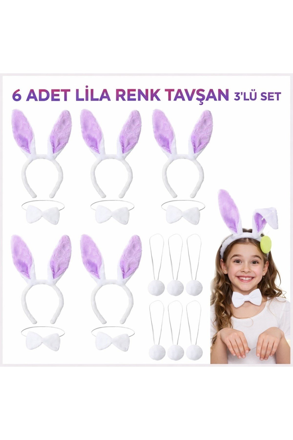 Lila Tavşan Sahne Seti 6'lı Set Taç Papyon Kuyruk