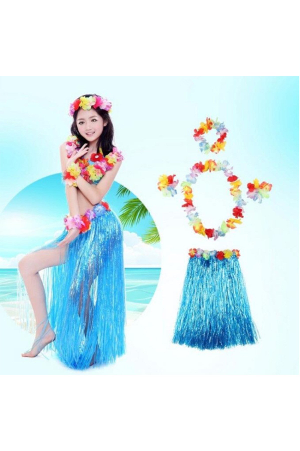 Luau Aloha Hawaii Partisi Etek Taç ve Bileklik Seti Mavi