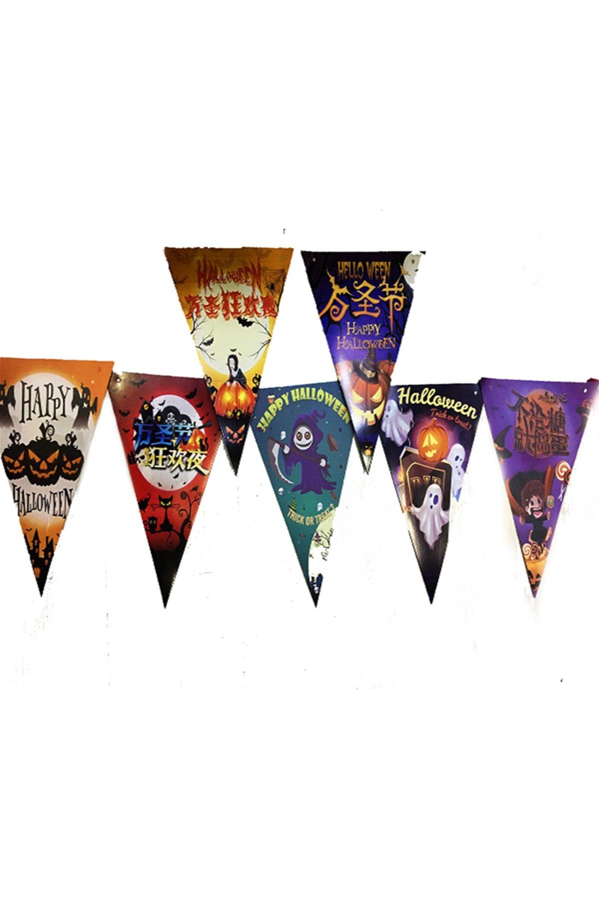 Lüks Baskılı Üçgen Model Halloween Banner Süs Bayrak 8 li
