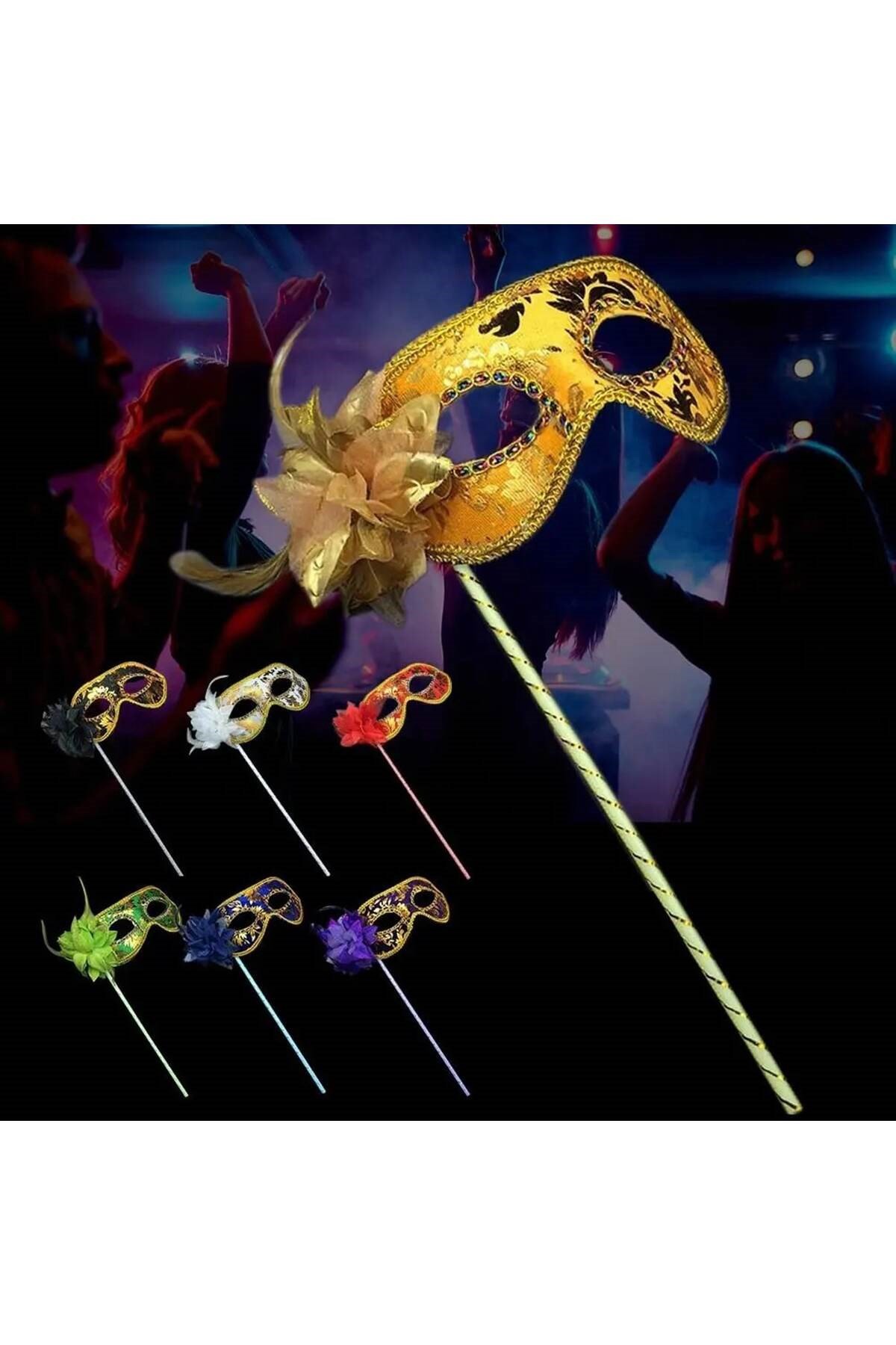 Lüks Taşlı Saplı Maskeli Balo Maskesi Mor Renk 35 cm