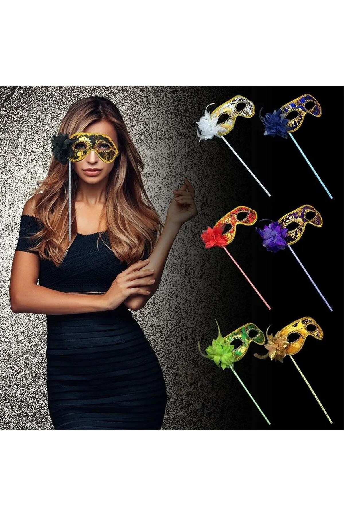 Lüks Taşlı Saplı Maskeli Balo Maskesi Beyaz Renk 35 cm