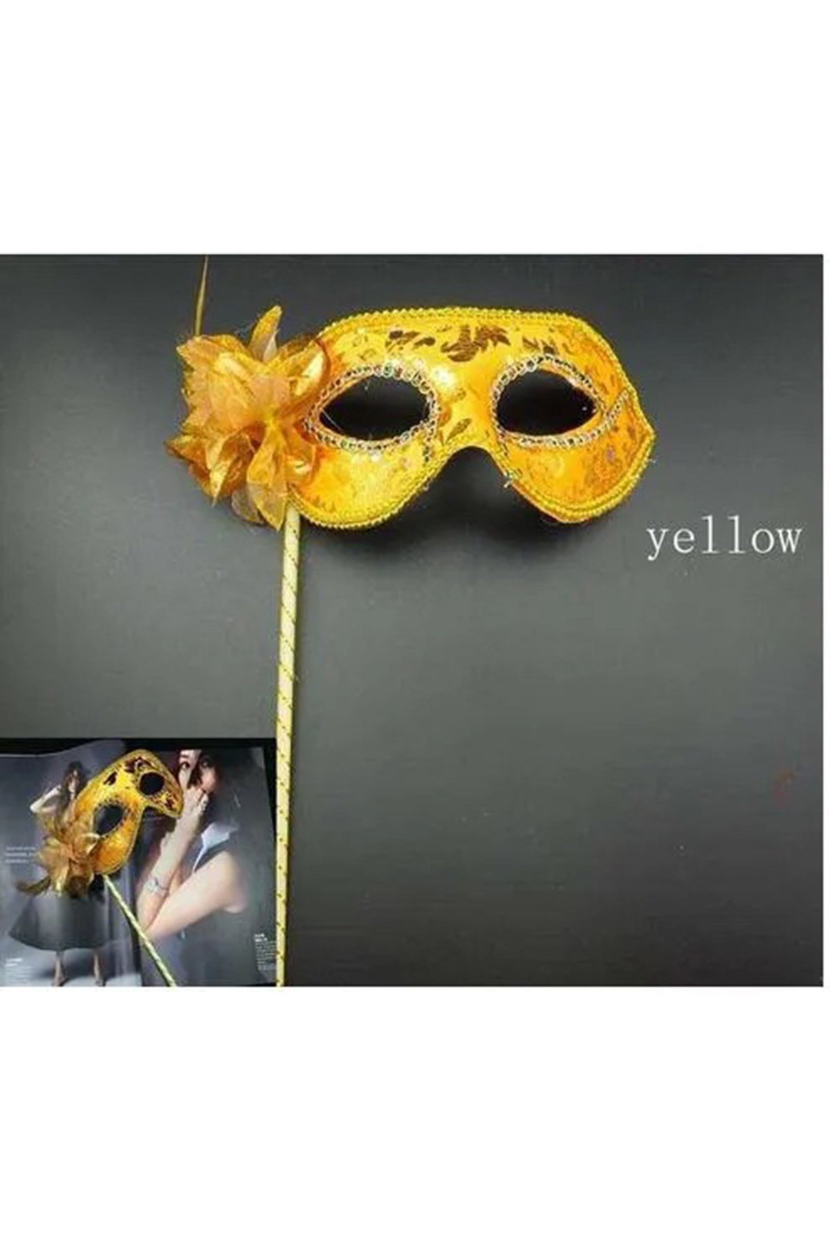 Lüks Taşlı Saplı Maskeli Balo Maskesi Altın Renk 35 cm