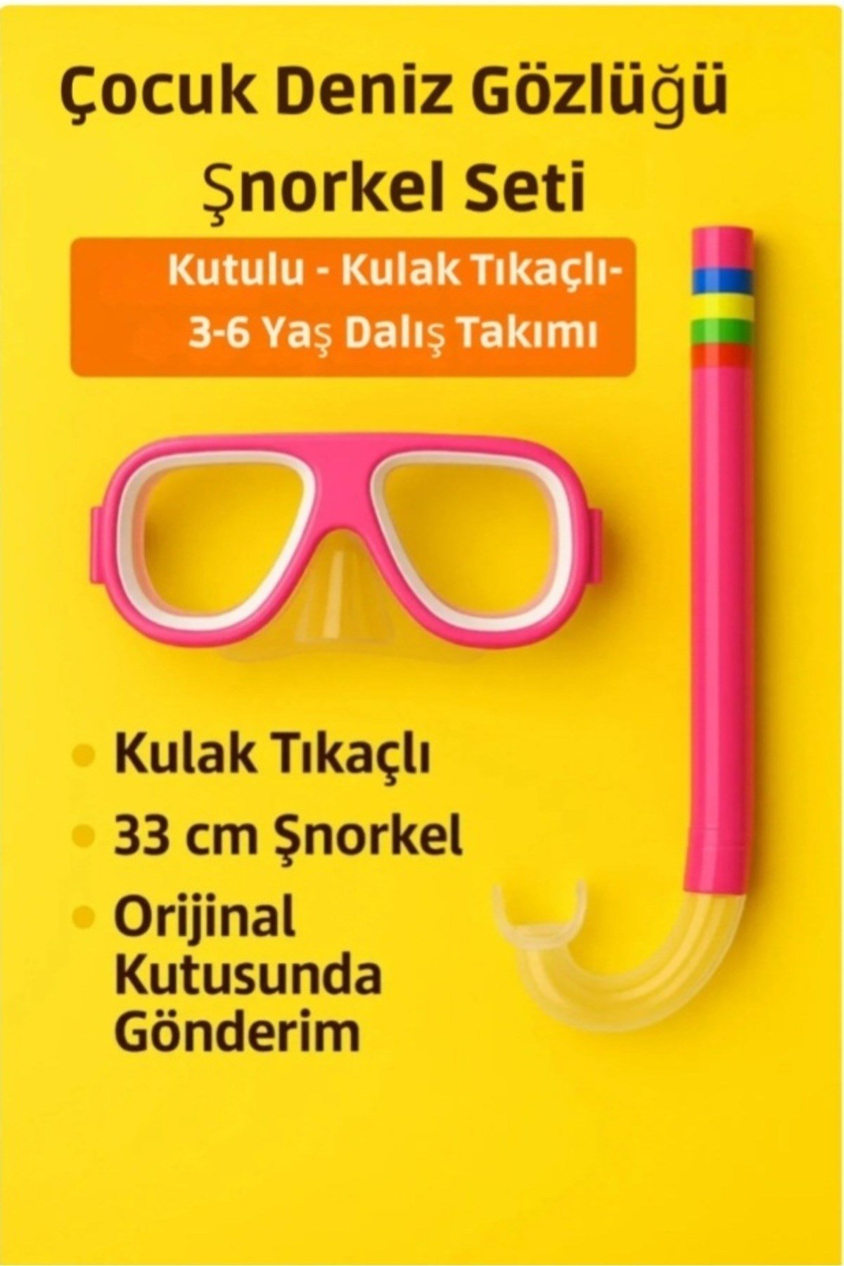 Maske-Şnorkel-Kulak Tıkacı Çocuk 3'lü Set Orjinal Kutulu Deniz Dalış Maskesi