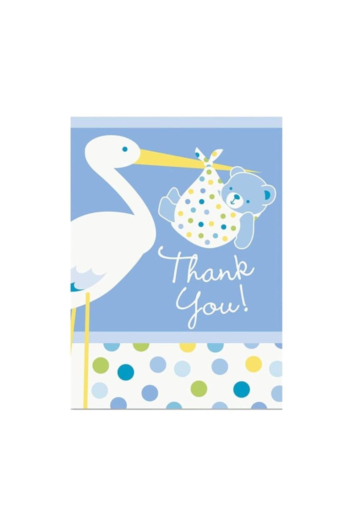 Mavi Renk Baby Stork Baby Shower Teşekkür Zarfı ve Not Seti 8 Adet