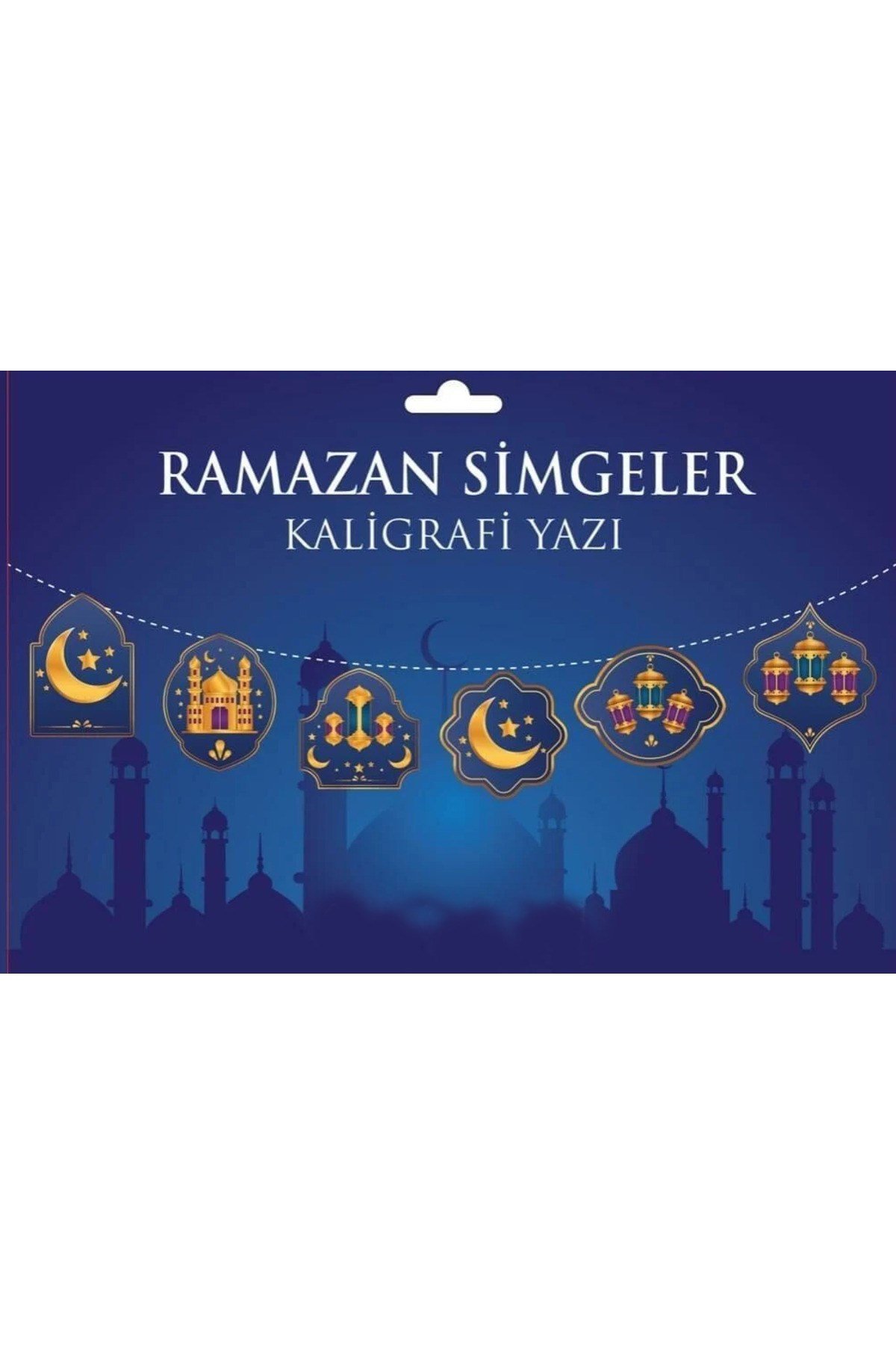Mavi Üzeri Altın Renk Ramazan Koreografi Simgeler Banner Afiş 21x150 cm
