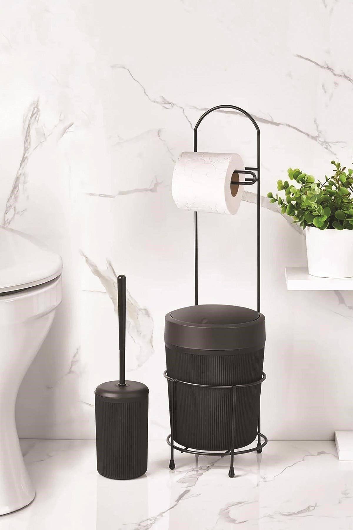 Metal Standlı Yuvarlak Kovalı & Kağıtlıklı & Fırçalıklı Siyah Banyo Takımı