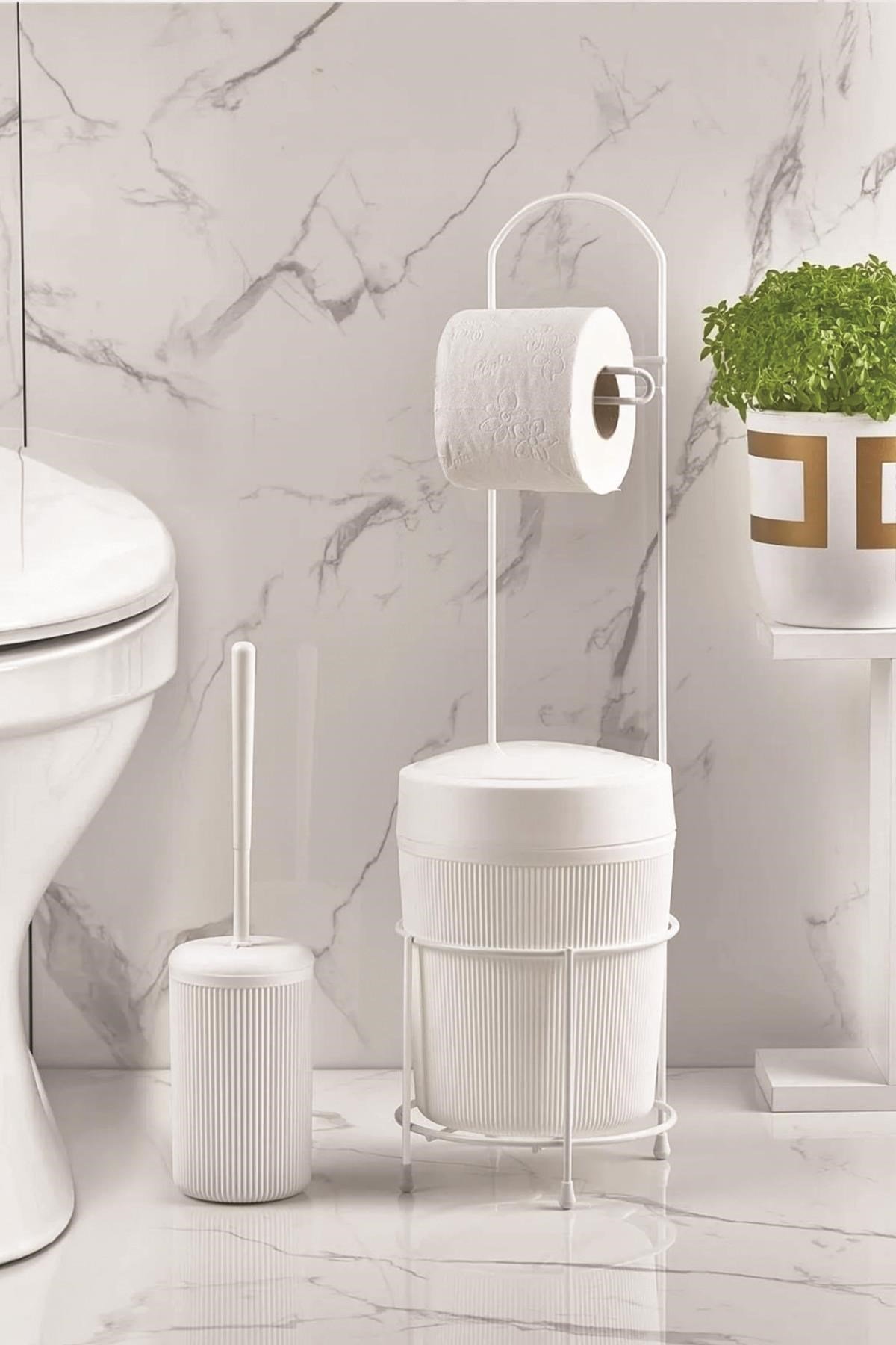 Metal Standlı Yuvarlak Kovalı & Kağıtlıklı & Fırçalıklı Beyaz Banyo Takımı