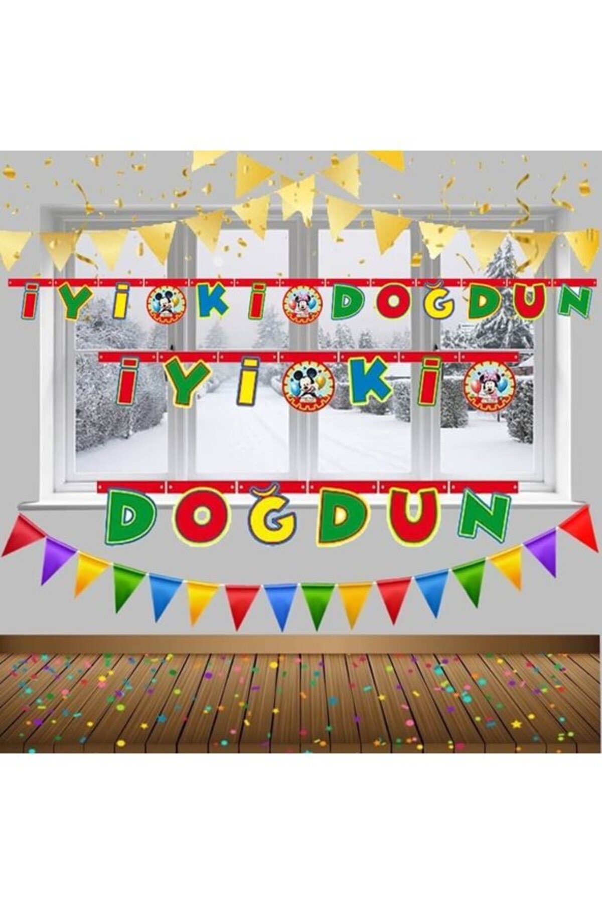 Mickey Mouse Temalı Rengarenk İyiki Doğdun Yazılı Flama Bayrak Süsleme 2 Metre