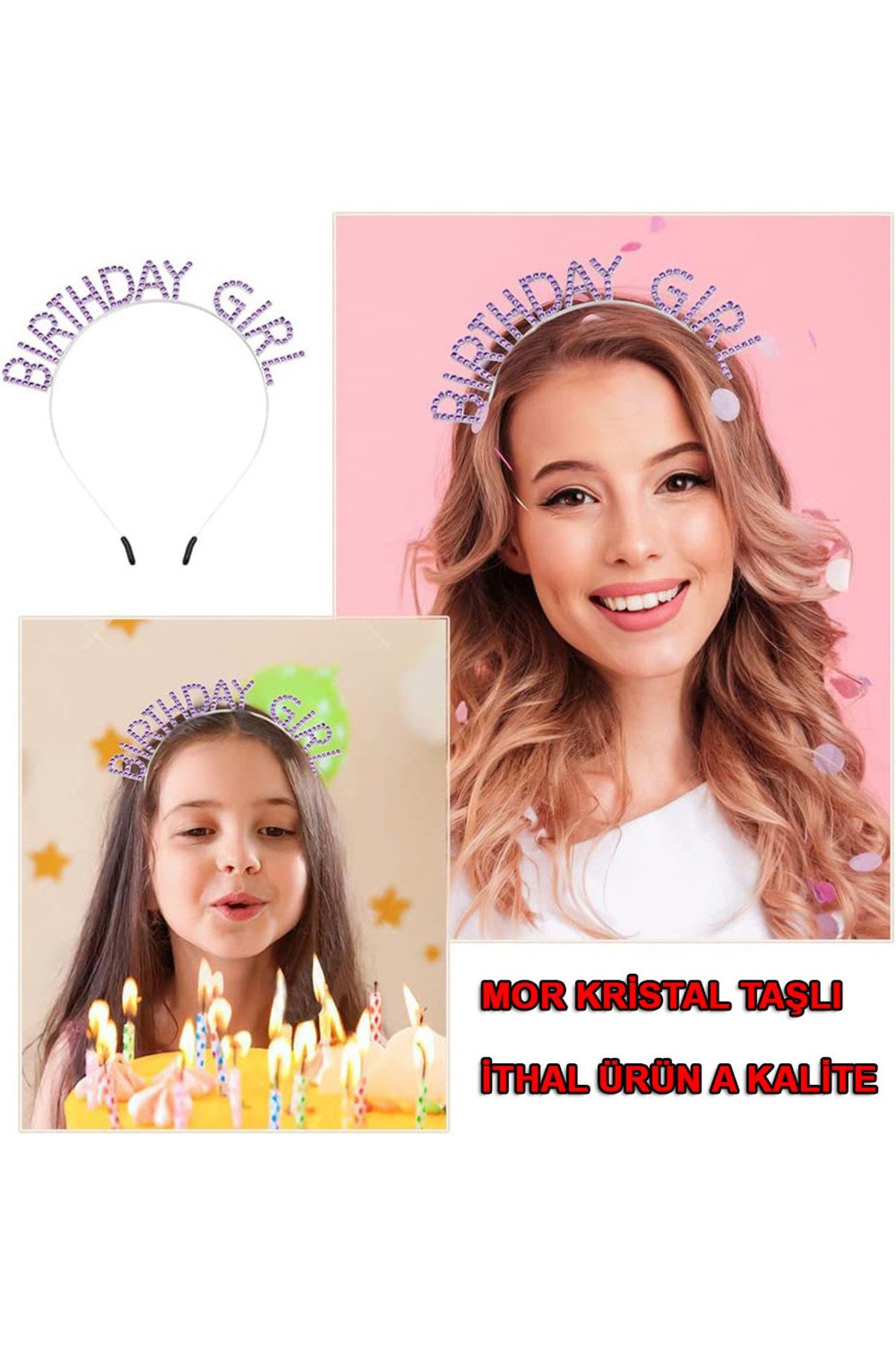 Mor Renk Kristal Taşlı Parlak Birthday Girl Yazılı Taç 16x17 cm