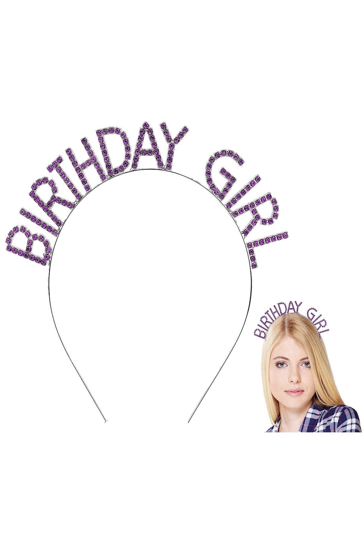Mor Renk Kristal Taşlı Parlak Birthday Girl Yazılı Taç 16x17 cm