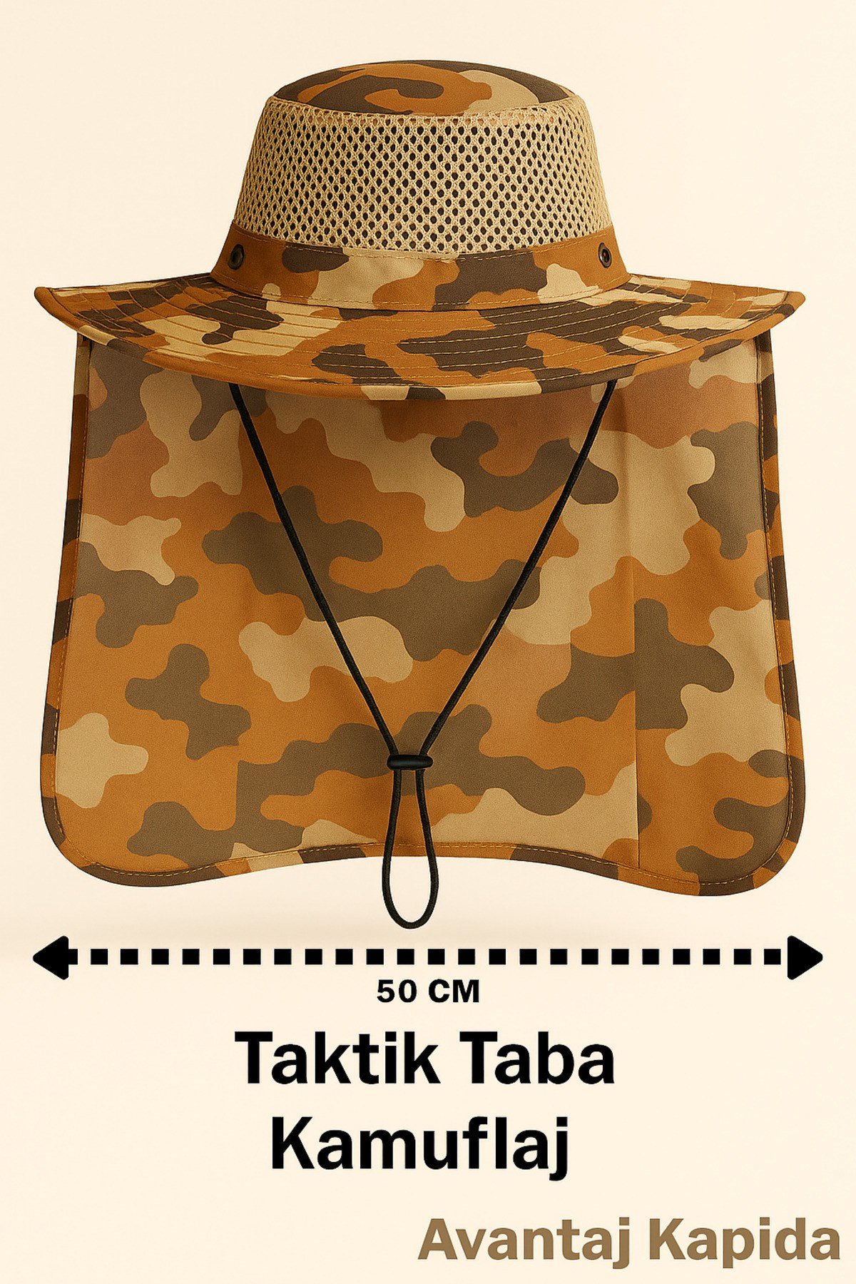 Mustova Hafif Fileli Outdoor Ensesi Tüllü Şapka – Unisex – Yazlık Kamuflaj Model 50 Cm Yele