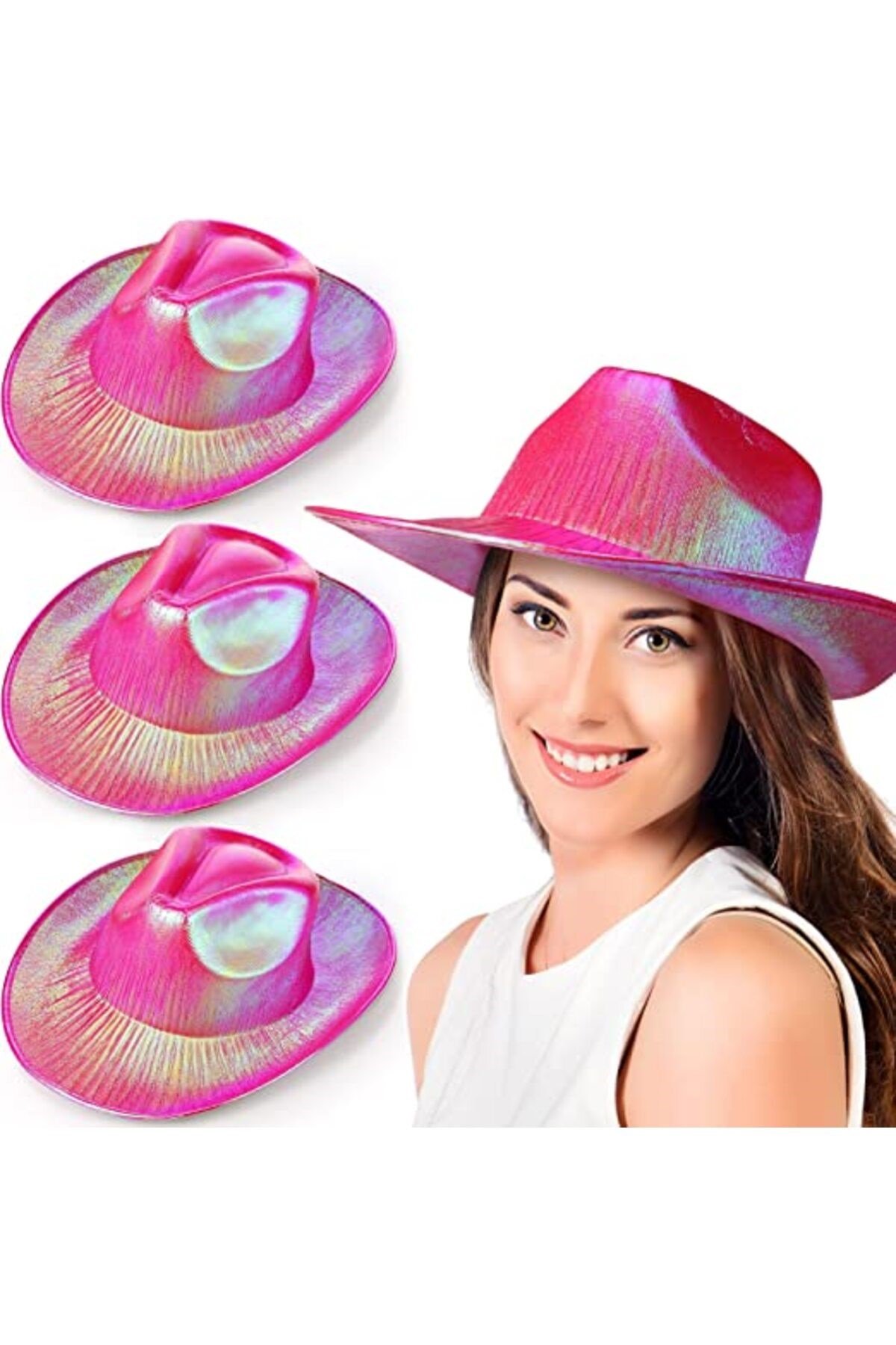 Neon Hologramlı Kovboy Model Parti Şapkası Fuşya Yetişkin 39X36X14 cm