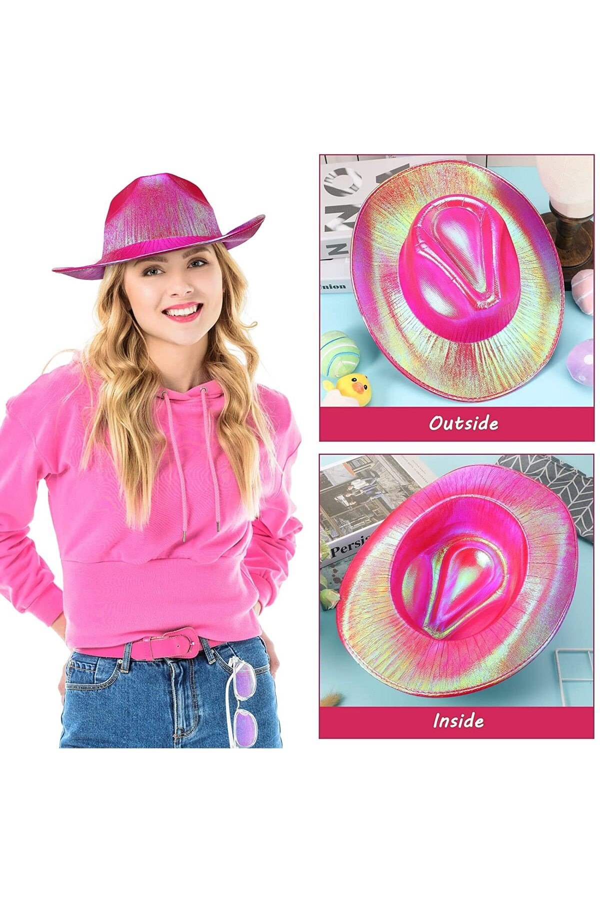 Neon Hologramlı Kovboy Model Parti Şapkası Fuşya Yetişkin 39X36X14 cm