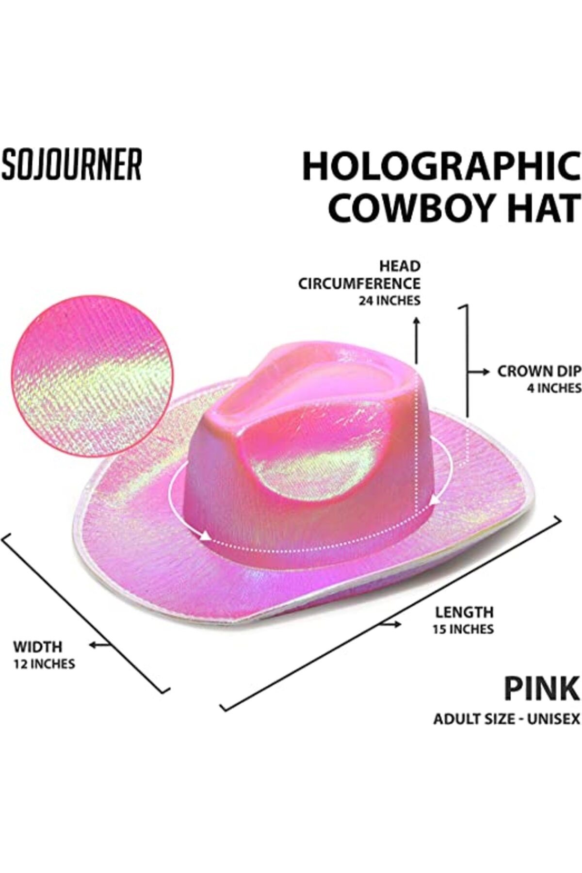 Neon Hologramlı Kovboy Model Parti Şapkası Pembe Yetişkin 39X36X14 cm