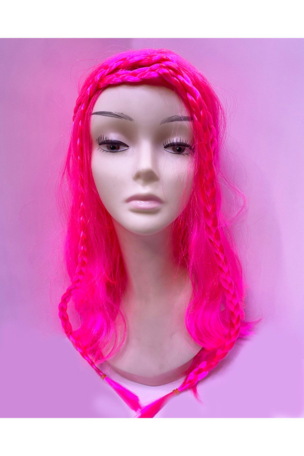 Neon Pembe Renk Örgülü Helen Karakter Peruğu Takma Saç