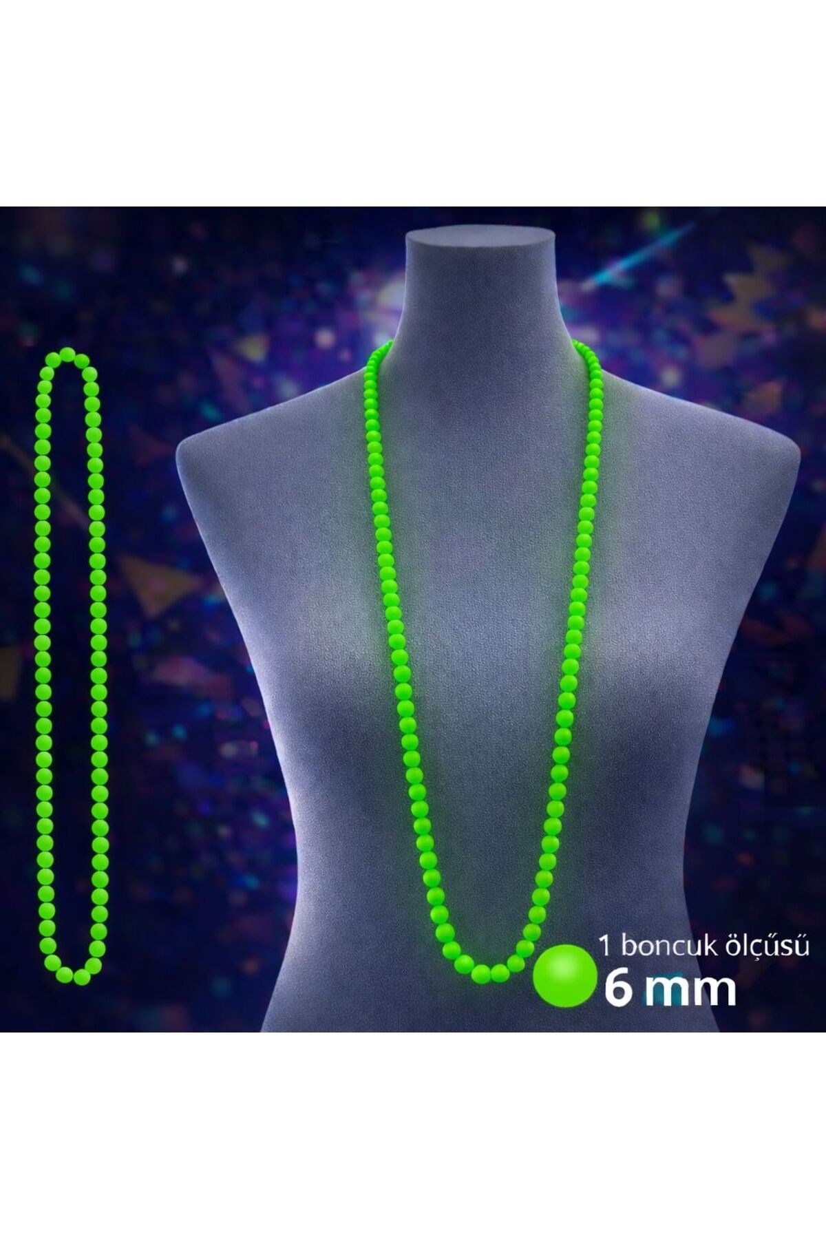 Neon Yeşil Boncuk Kolye 80 cm – Retro 80’ler 90’lar Parti Aksesuarı
