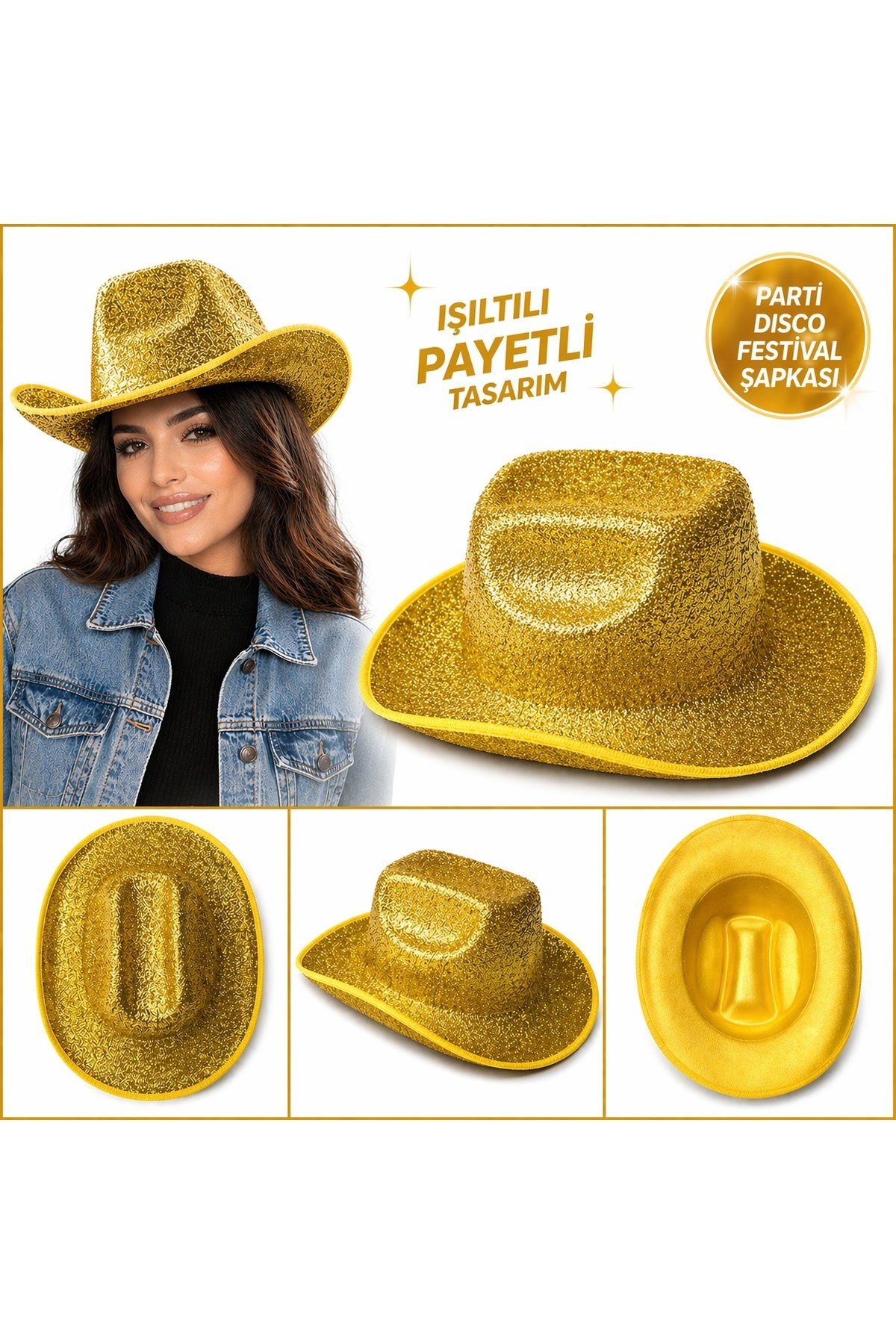 Parlak Altın Gold Kovboy Şapka Kadın Erkek Parti Disco Festival Şapkası