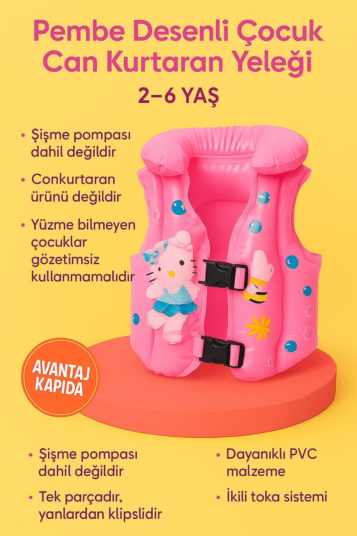 Pembe Pamuk Prenses Desenli Çocuk Şişme Yüzme Can Kurtaran Yeleği | 2–6 -8yaş |uyumlu 25kg