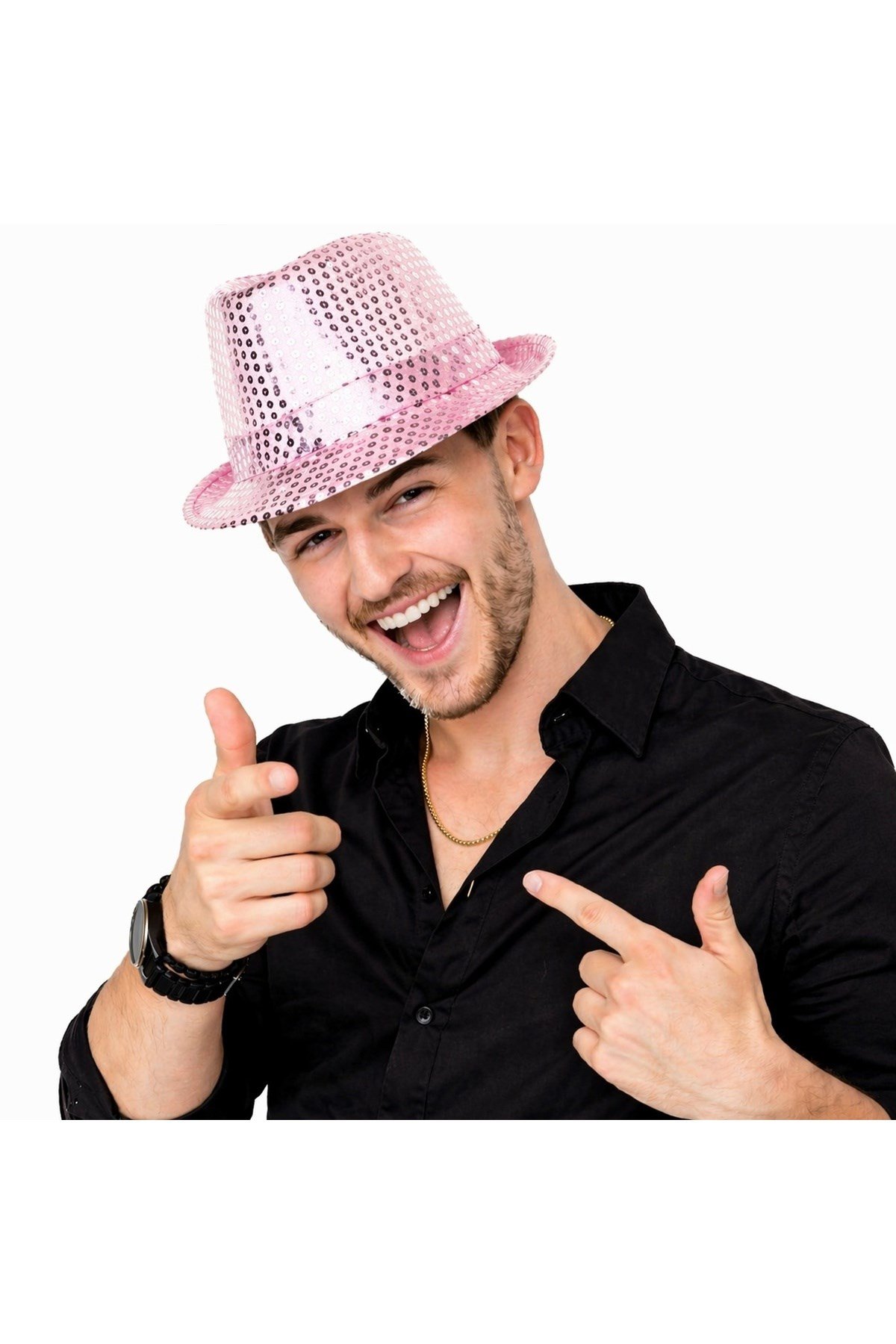 Pembe Payetli Disco Parti Şapkası Yetişkin Işıltılı Fötr Model